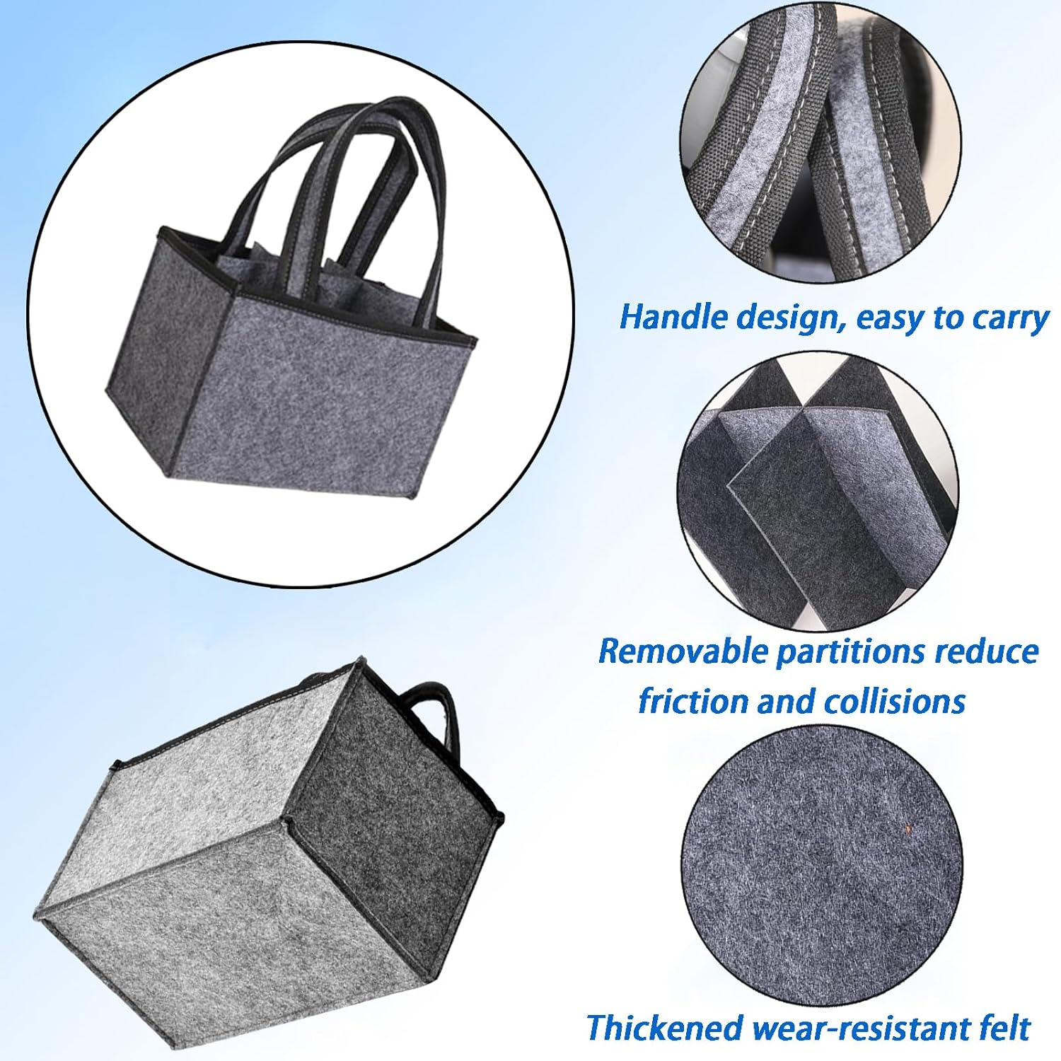 Portable Felt Wine Tote Bag for 6 Bottles - Durable Divider Design - Reusable Wine Storage Carrier for Picnics, Camping, Travel & Parties - 24X15X15Cm image number 2