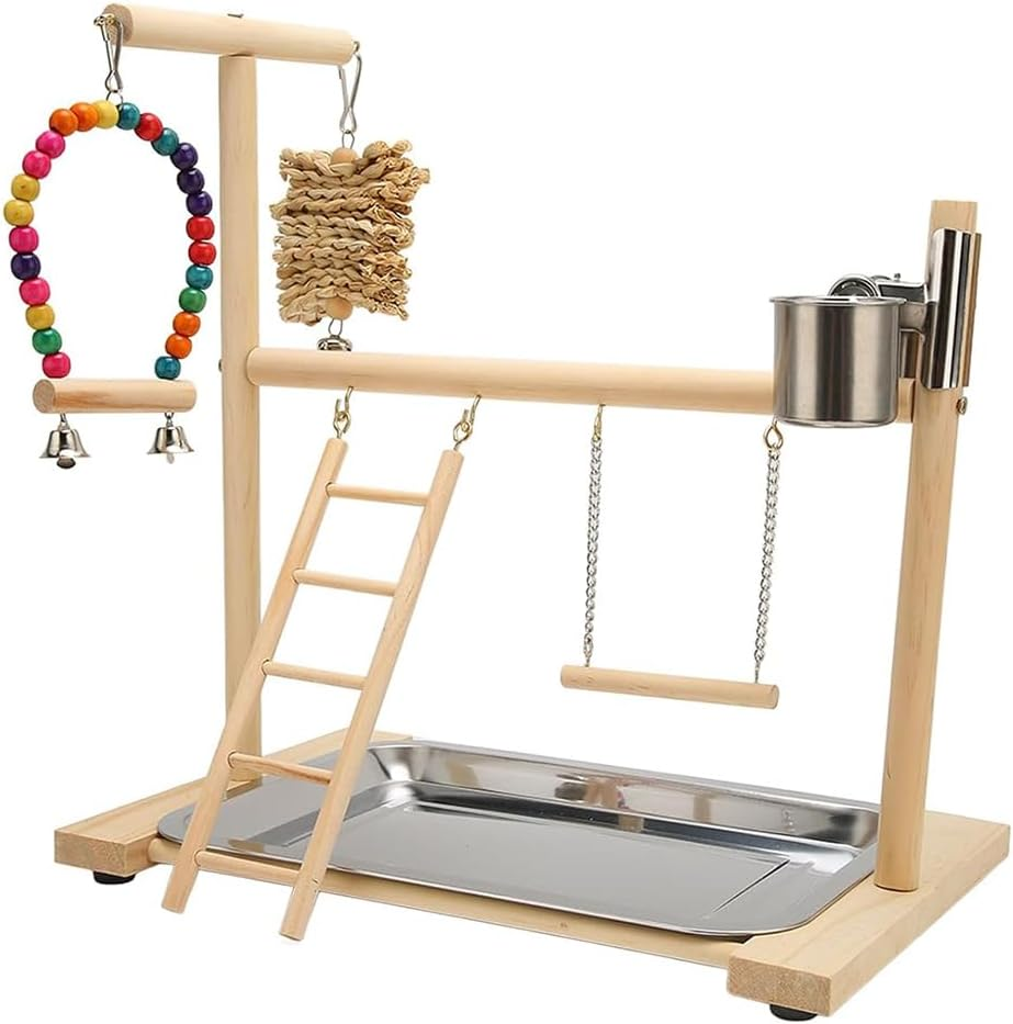 AIMALL Parrot Wooden Playground with Climbing Ladder Swing and Feeding Stand &ndash; Zanthoxylum Wood Interactive Activity Rack for Small and Medium Birds 16.14In X 14.17In image number 4