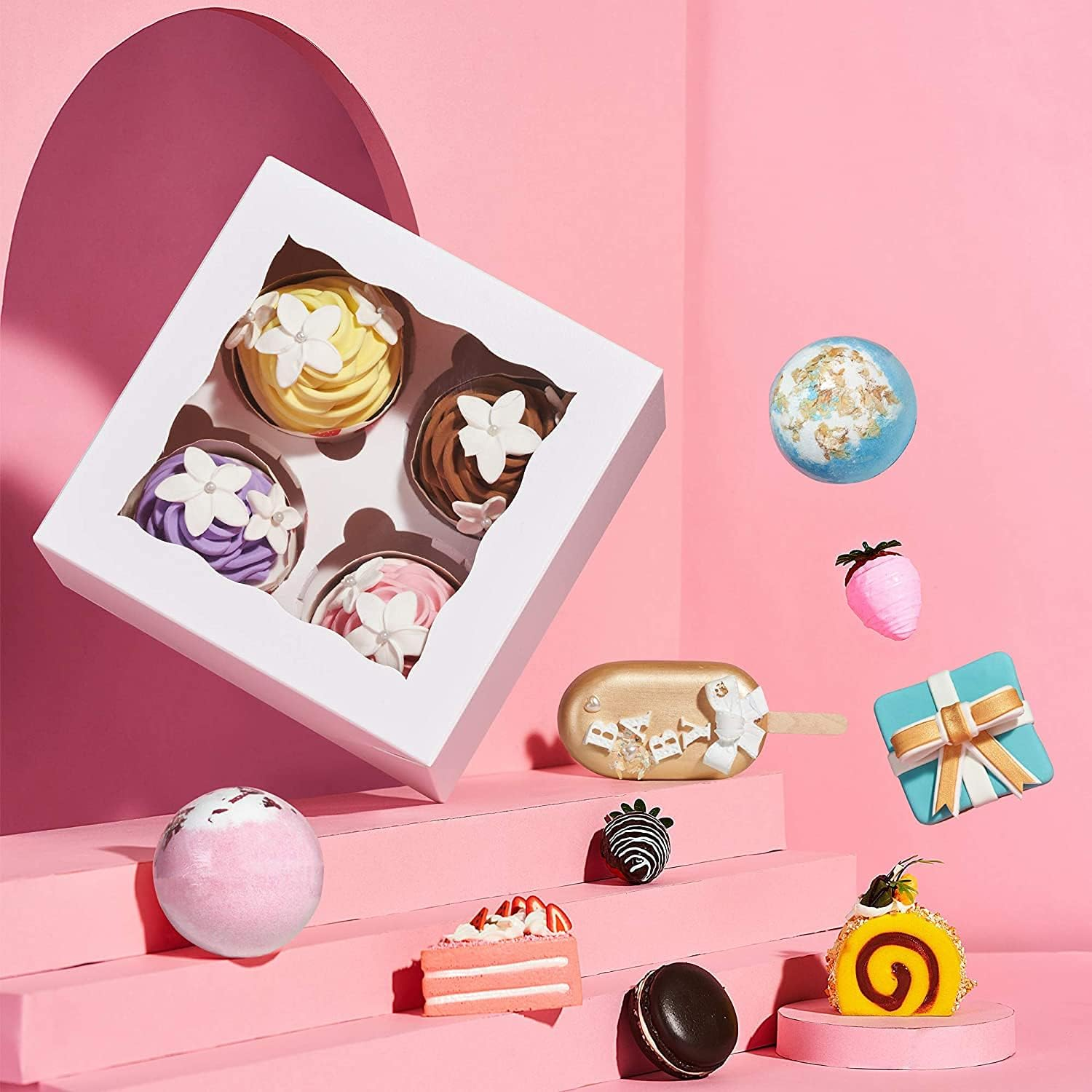 Romanticbaking 50 Pack White 4 Cupcake Boxes with Window Chocolate Bomb Boxes Bakery Box Cookies Boxes Strawberry Boxes image number 4