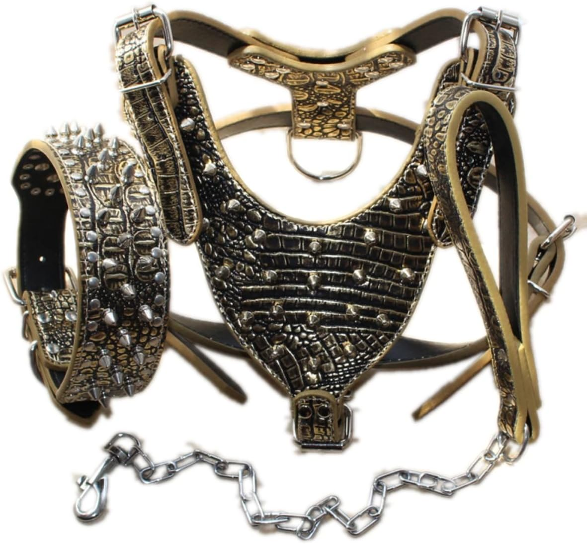 Haoyueer Studded Dog Collars Leather Medium Large Dog Collars Harness and Chain Leashes Matching Set for Pit Bull Mastiff Boxer Bull Terrier (XL, Camouflage)