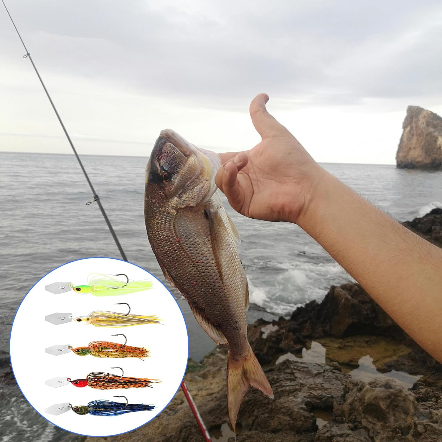 5Pcs Bladed Jig Fishing Lures, Multicolored Fishing Hook with Skirt Vibrating Fishing Lures Sharp Fishing Lures Jig Heads for Pike Bass Trout Walleye image number 1