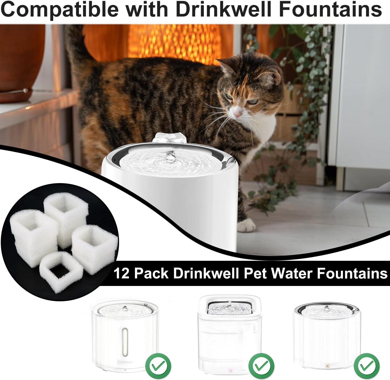 Pack of 12 Foam Filters for Cat Drinking Fountain, Replacement Sponge Filter for Pet Drinking Fountain for Petsafe Drinkwell Stainless Steel 360 Drinking Fountain image number 5