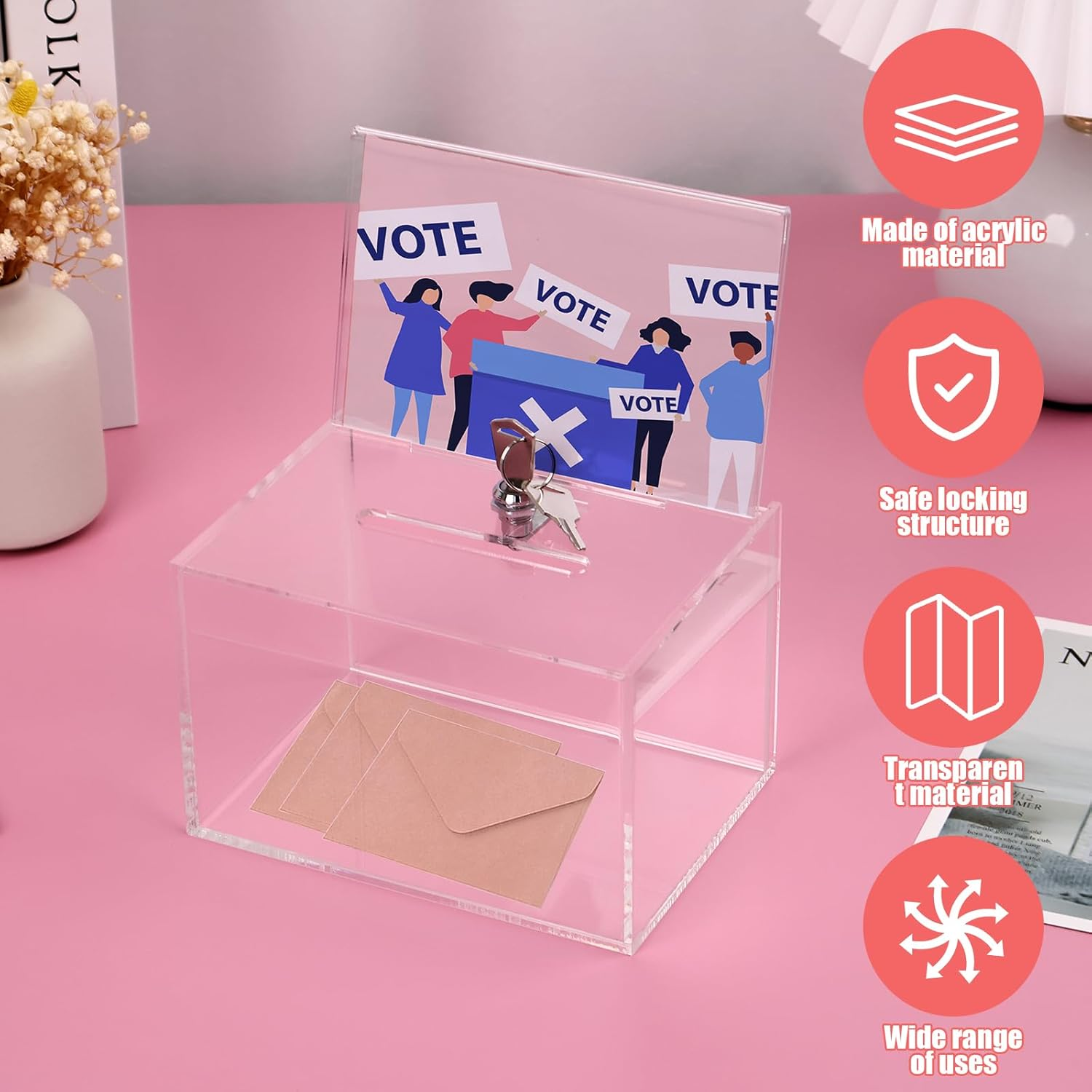 Acrylic Donation Box with Lock and Sign Holder,16X11.5X10Cm Portable Clear Suggestion Box, Storage Container Multipurpose Raffle Box for Fundraising Voting Charity Ballot Contest Suggestions (A) image number 5