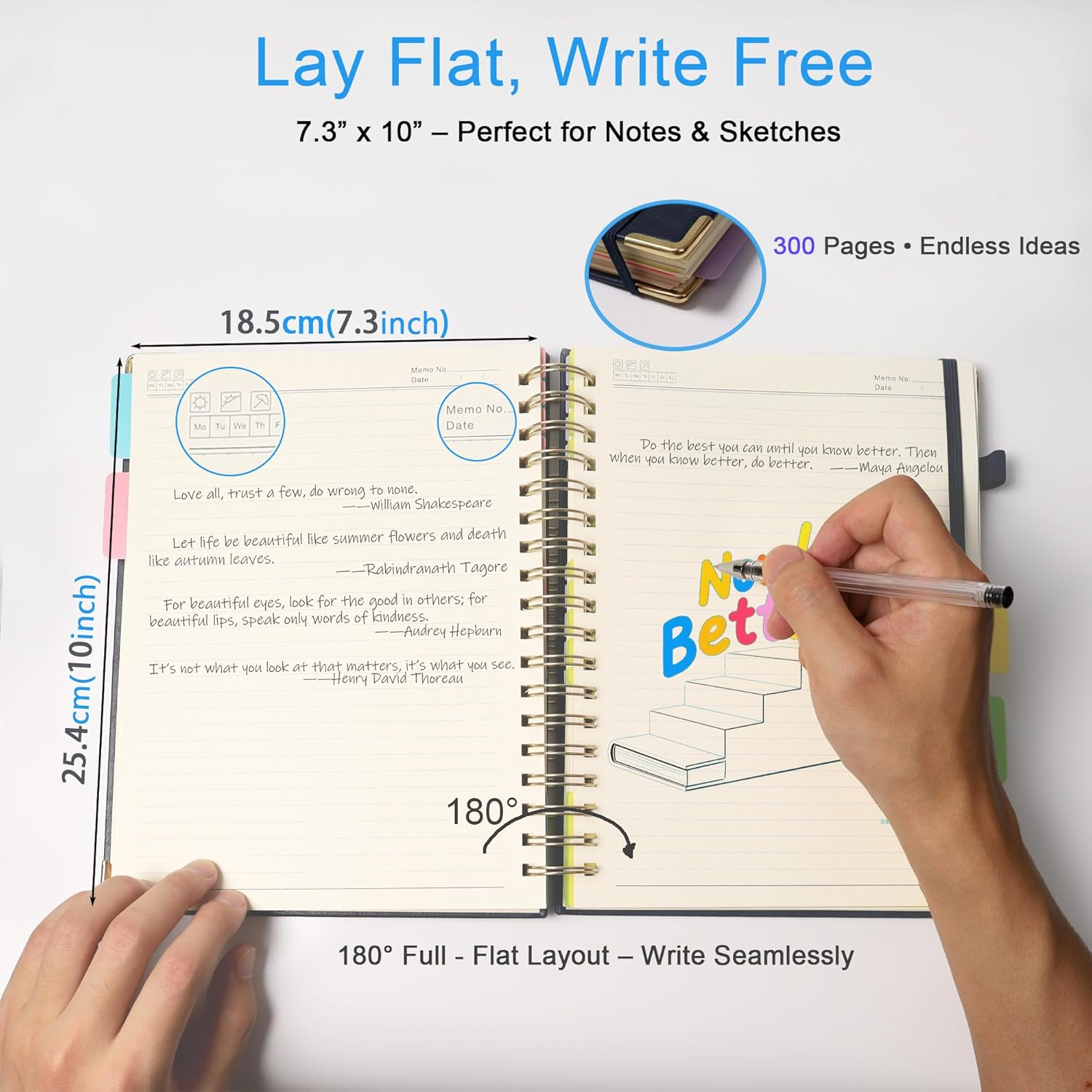 Gemuity Hardcover Spiral Notebook &ndash; 300 Pages with Removable Divider Tabs, 5 - Subject Lined Journal, 186Mm&times;248Mm for Work/School Black image number 5