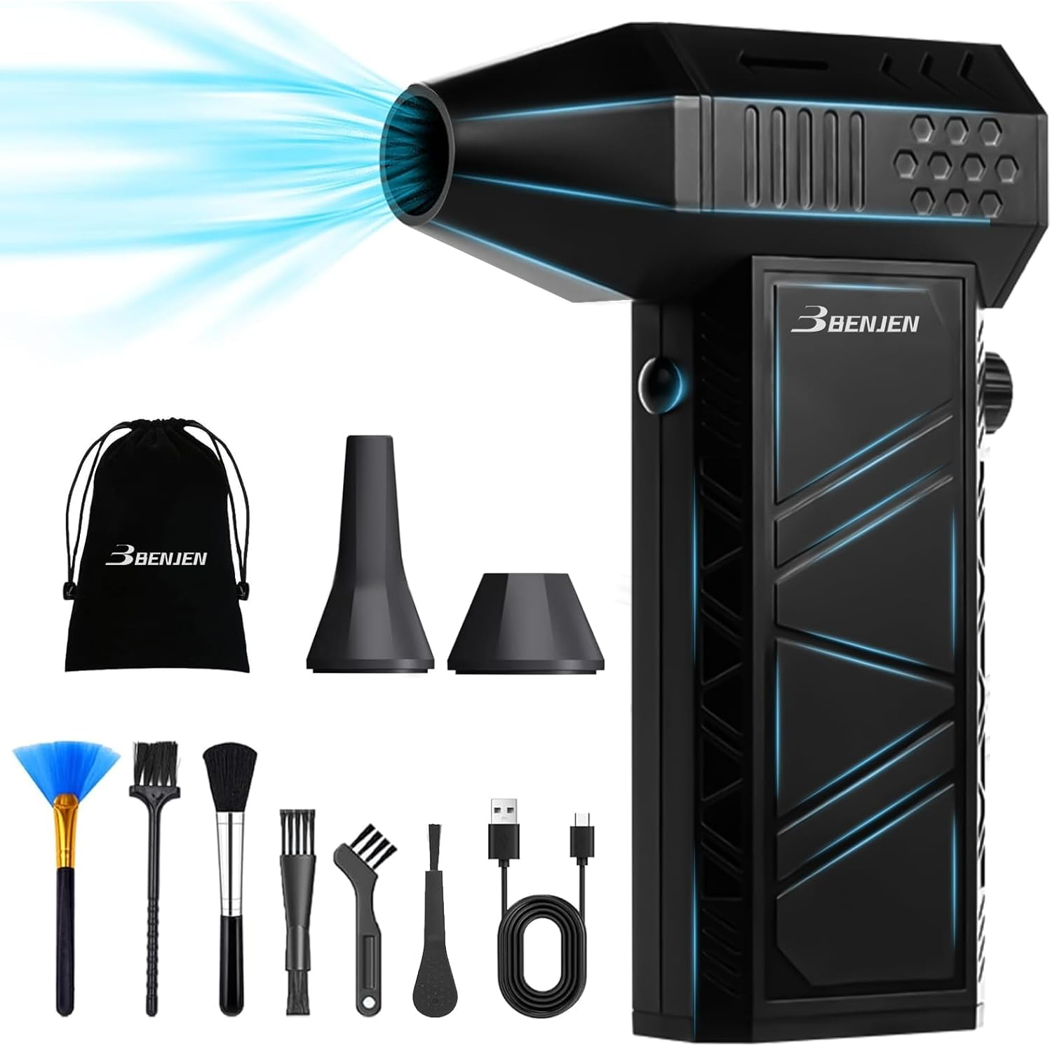 BENJEN Compressed Air Duster-150000Rpm Electric Air Duster for Cleaning Keyboard & PC Infinitely Adjustable Speed Cordless Turbo Fan Turbo Dryer Blower for Car, Air Bed, Outdoors, Home.