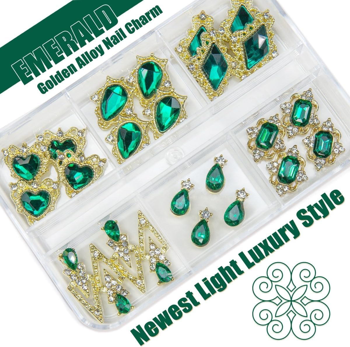 Qiipii 24Pcs 6 Styles Emerald Green Nail Charms Big Luxury Nail Rhinestones Heart Gems Crystals Diamonds Jewelry Jewels Stones Nail Art Studs for Arylic Nails DIY Crafts Clothes Shoe Phones Cardmaking image number 6