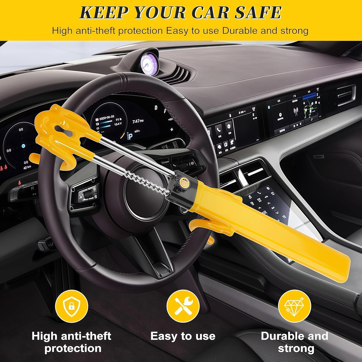Upgraded Car Steering Wheel Lock, Multifunctional Anti-Theft Lock Device, Easy to Installation, Adjustable Length 20Cm with 2 Keys, Suitable for Most Cars, Suvs, Trucks, Vans, and Sedans...(Yellow)
