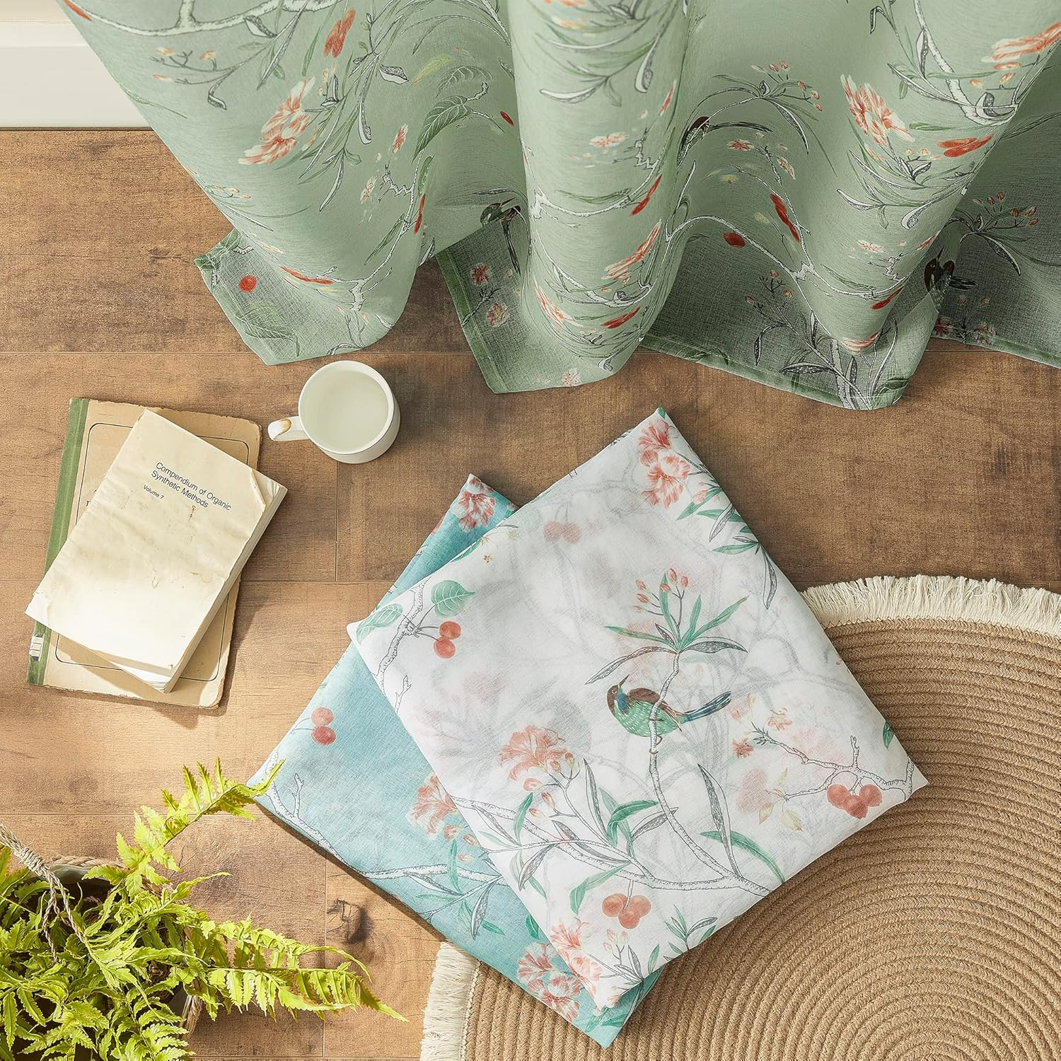 XTMYI Light Green Curtains 63 Inch Length for Bedroom 2 Panels Cute Birds Floral Pattern Rustic Cottage Core Cottagecore Sheer Decorative Kitchen Dining Room Bathroom Window, Sage Green, 52/''X63/''