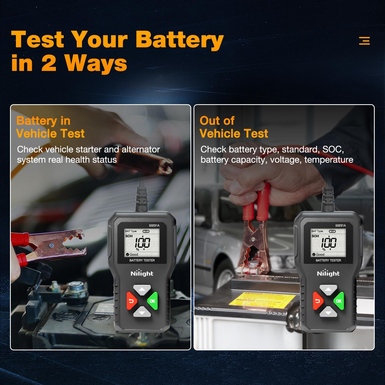 Nilight Car Battery Tester 6V 12V 24V Accurate Digital Auto Analyzer 100-2000 CCA Voltage SOH SOC Internal Resistance Test for Cars Trucks SUV ATV Boats Motorcycles Vehicle image number 4
