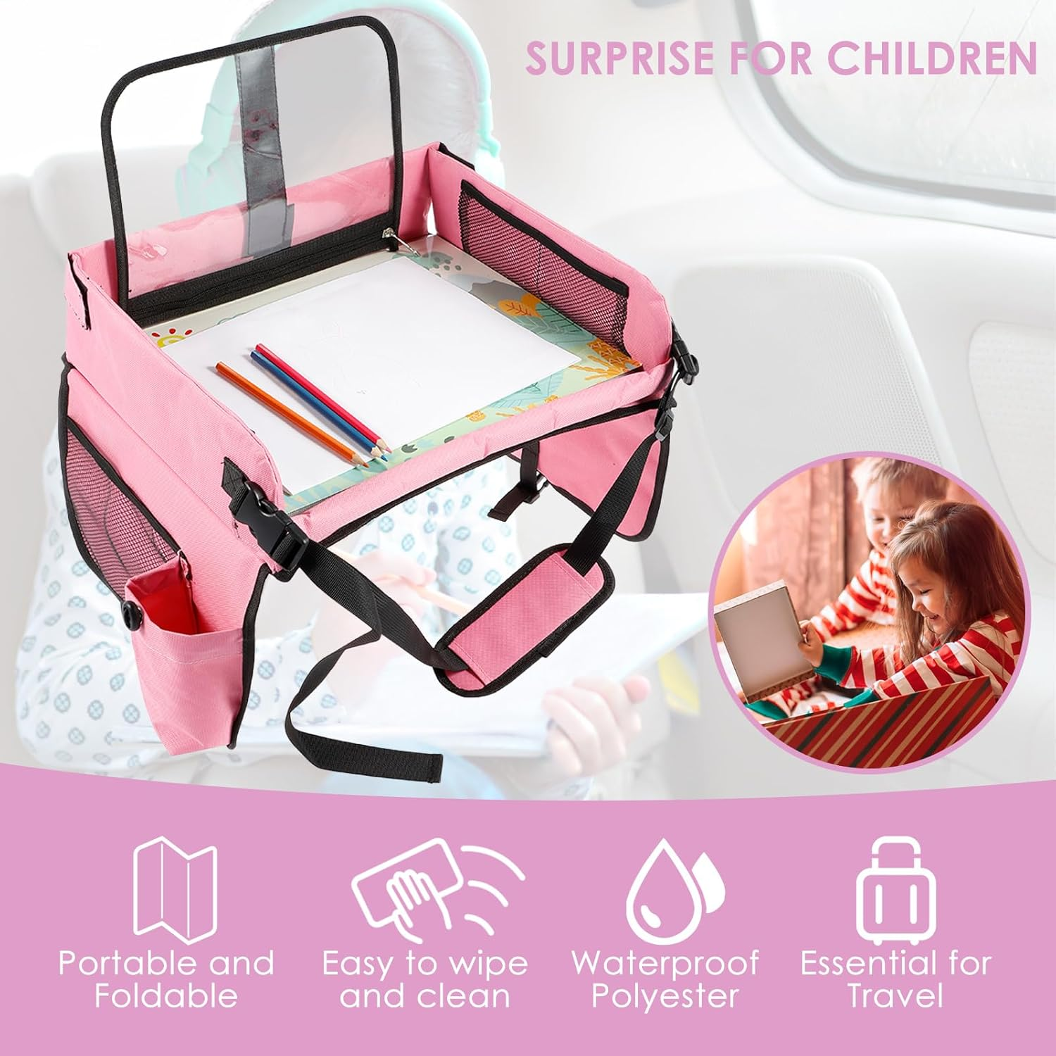Kids Traveling Tray for Toddler Car Seat, Versatile Car Seat Tray, Stable Carseat Table Tray, Detachable Lap Tray for Car Seat, Toddler Road Trip Essentials Accessories for Airplane Car Auto - Pink image number 6
