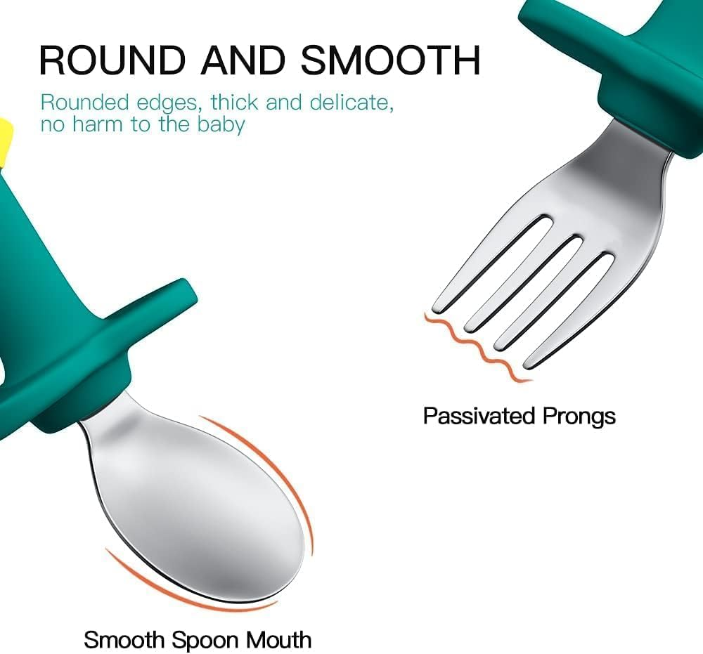 2 Pieces Toddler Utensils Stainless Steel Forks and Spoons Safe Children'S Cutlery Set, Handle Cartoon Cute for Baby, Silicone Holding Anti-Choke Design (Green Dinosaur) image number 2
