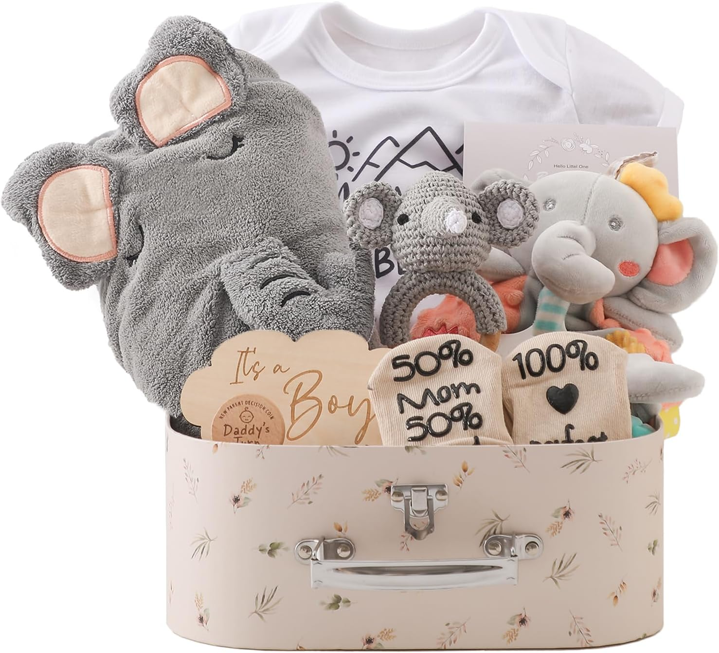 Promise Babe Baby Gift Set Newborn Shower Birth Gifts for Boys Baby Party Bath Towel Milestone Baby Blanket Romper Socks Child Wood Crocheted Elephant Rattle Toy Photo Requisite (For Boy) image number 6