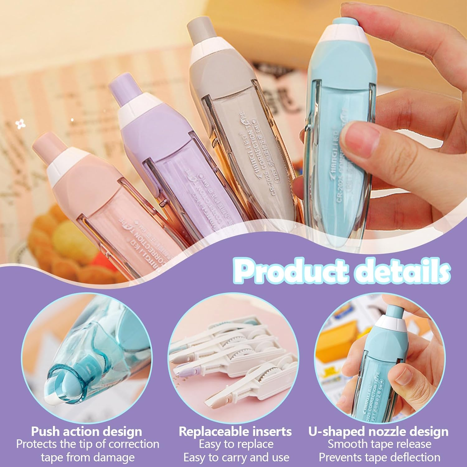 ASTIMESA 4 Pcs Refillable Retractable Correction Tape, Correction Tape Pen Easy to Use, Pen Shaped Applicator for Corrections Office School Supplies (4 Colors)