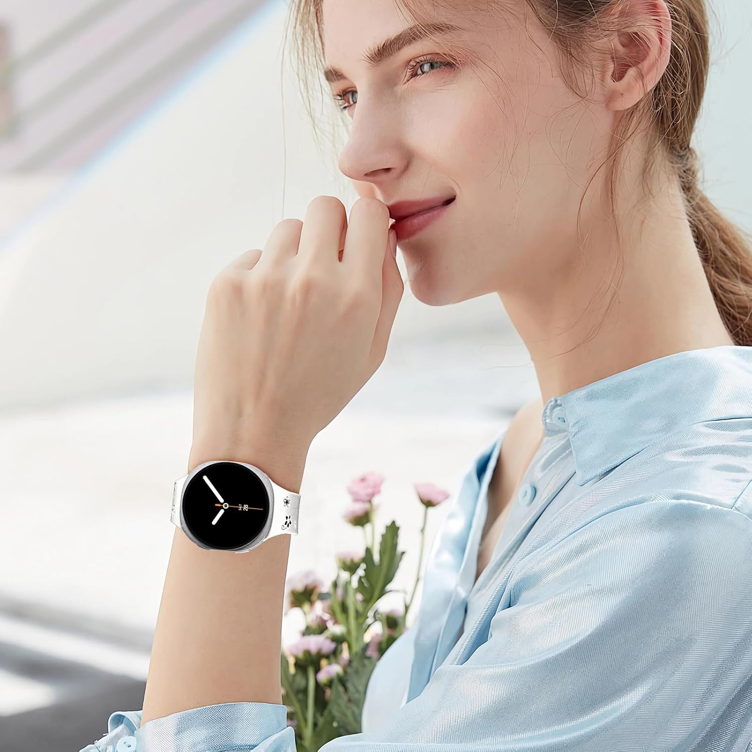 Flower Engraved Strap for Samsung Galaxy Watch 8 40Mm 44Mm/Galaxy Watch 8 Classic 46Mm Band Women,No Gap Soft Cute Floral Silicone Two-Tone Wristband - 01-Black Pink image number 4