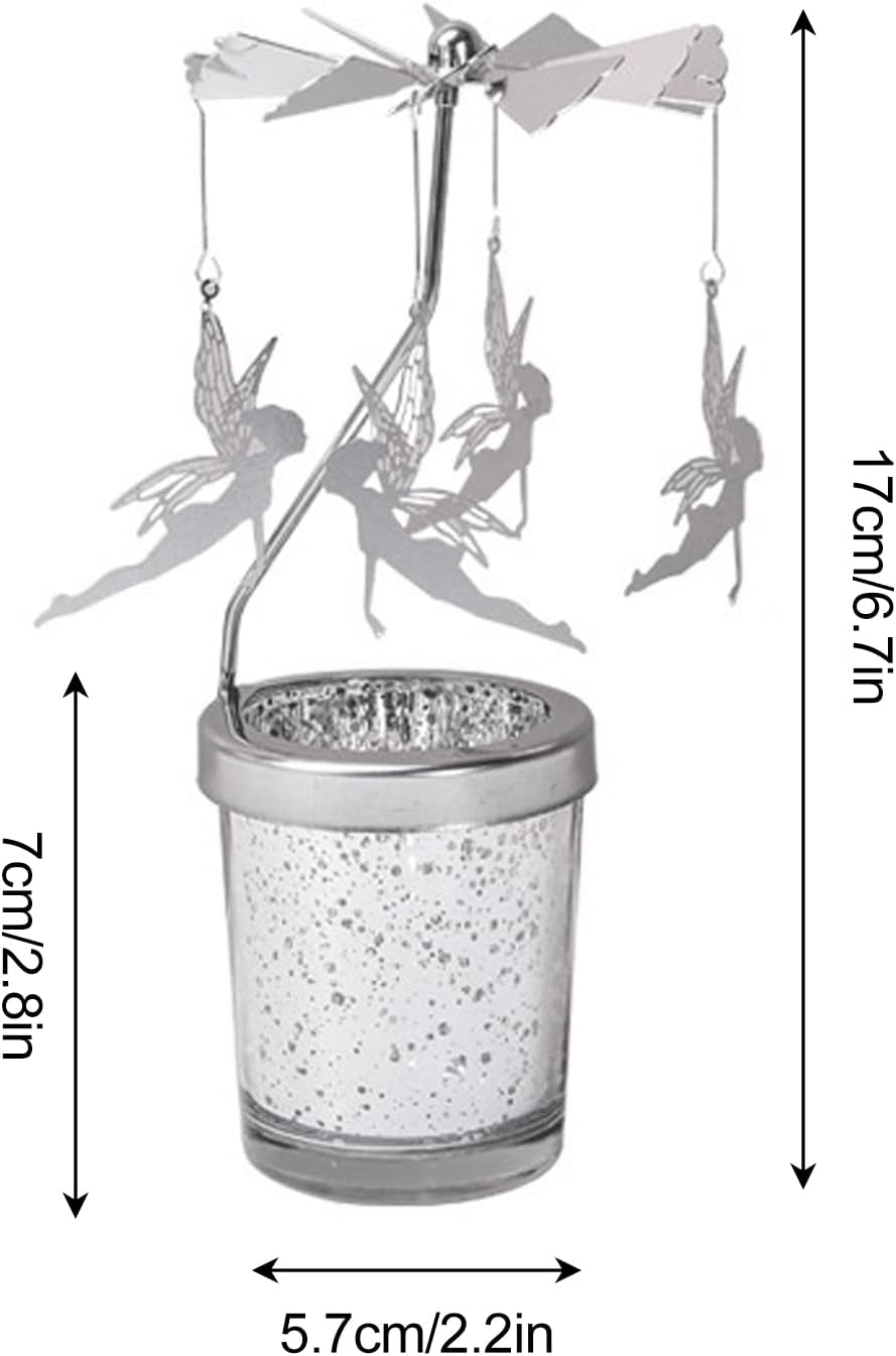HYLOOD 7X3X2In Carousel Rotary Candle Holder Metal Spinning Tea Lights Candle Holder Rotary Glass Tealight Candle Holders Rotating Tea Candle Holder for Wedding Fireplace Home Decor, Silver image number 5