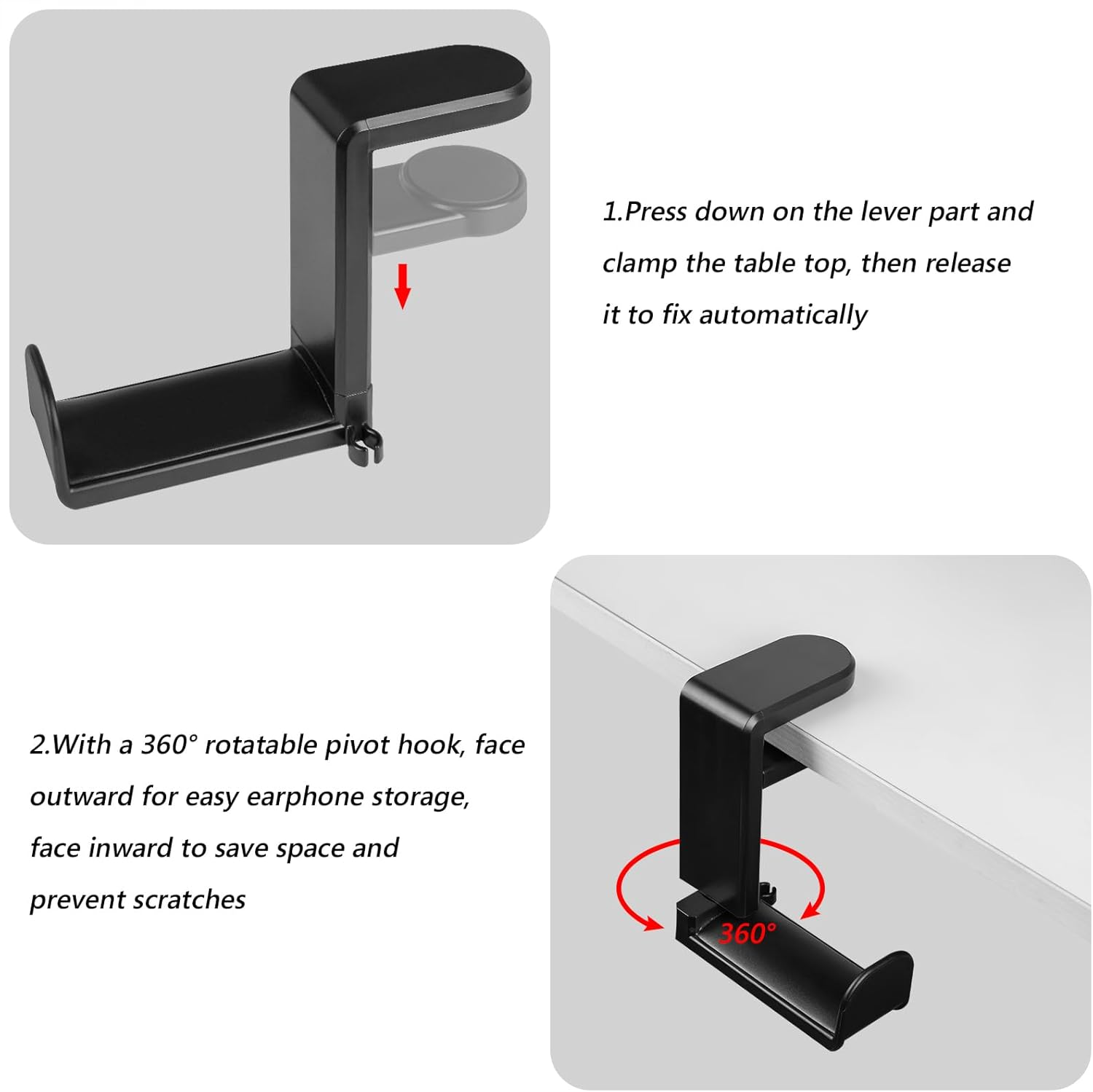 Geekria Gaming Headset Headphone Hook Stand, Under-Desk Headphone Stand Mount Holder with 360ｰ Rotation Adjustable, Compatible with Bose, Sony, AKG, Sennheiser, JBL, B&O, Beats, ATH (Black) image number 1