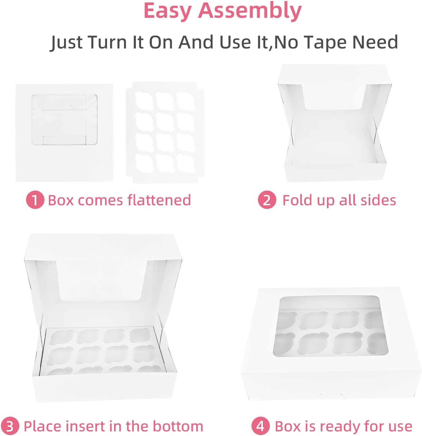 12PCS Cupcake Boxes, White Cupcake Containers 12 Count with Window, Cupcake Holder, Food Grade Treat Boxes for Holiday, Wedding, Birthday Party, Bakery Supplies image number 1