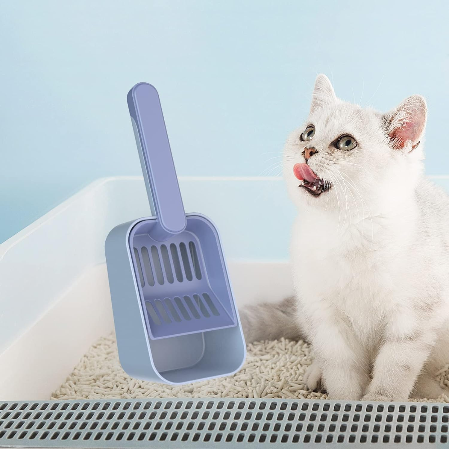 MEREN Cat Litter Scoop with Holder,Plastic Cat Litter Scooper,Deep Shovel,Large Capacity,Cat Scooper for Litter Box with Stand, Great for Scoop Away Cat Litter,Poop Sifting,Durable and Cute(Blue). image number 4