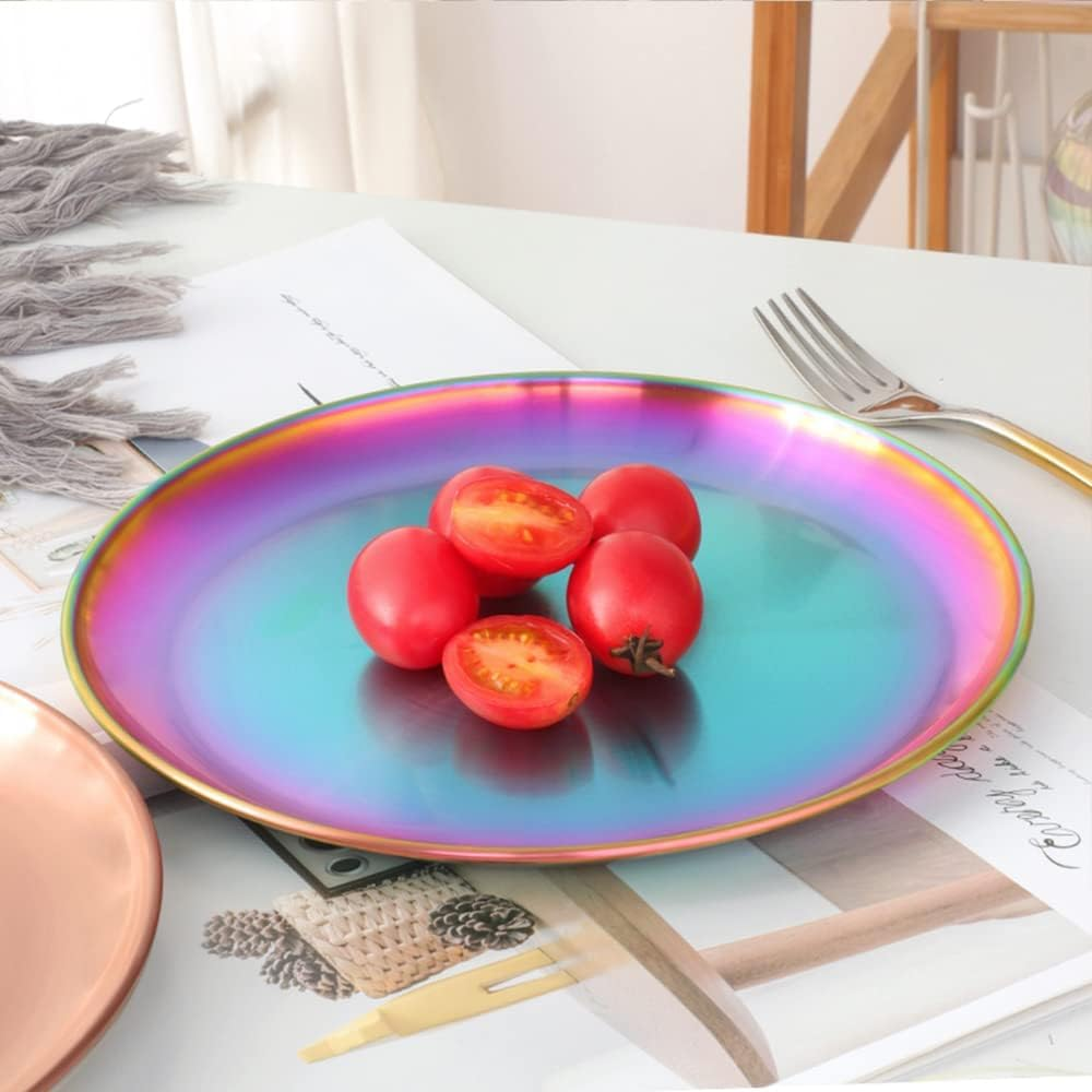 Stainless Steel Rainbow Plate Metal Plate 30 Cm Camping Serving Salad Plate Kid Tableware Set for 4