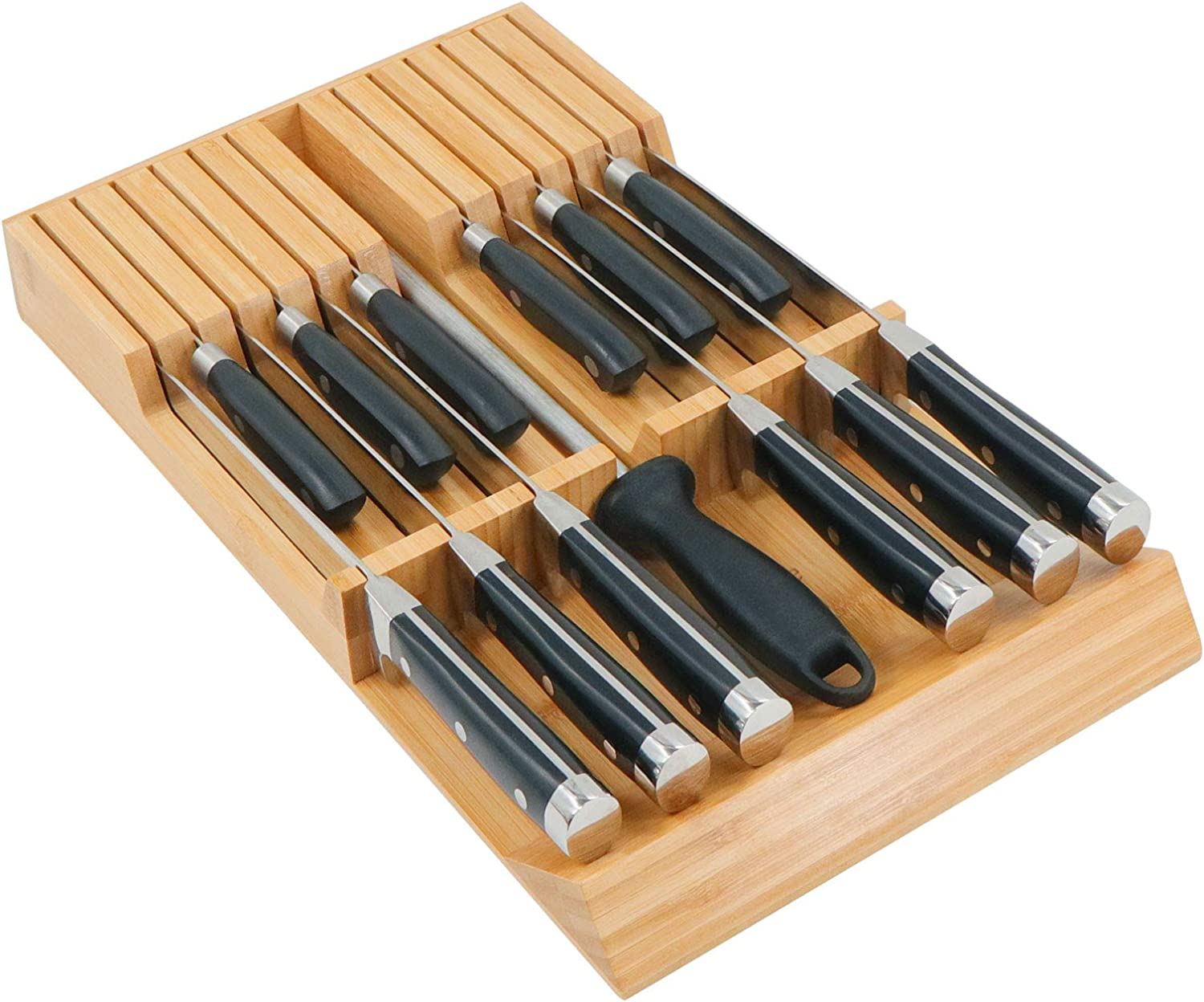 Utoplike In-Drawer Knife Block Bamboo Kitchen Knife Drawer Organizer,Large Handle Steak Knife Holder without Knives, Fit for 16 Knives and 1 Sharpening Steel (16 Knife Organizer)