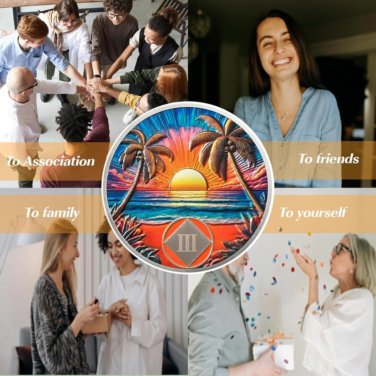 Beach Sunset 3 Year Sobriety Coin- Affirmation Sober Chip and AA Medallion, Alcoholics Anonymous Sobriety Gifts, Addiction Recovery Coin for Men and Women image number 6