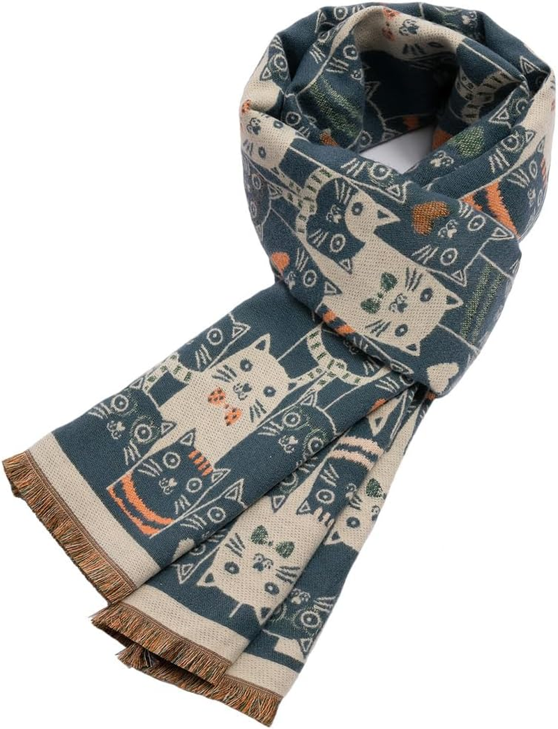 Women'S Fringed Scarf Cat Print Pattern Cape Winter Cashmere Feel Shawl Warm Wrap - Cat Black image number 7