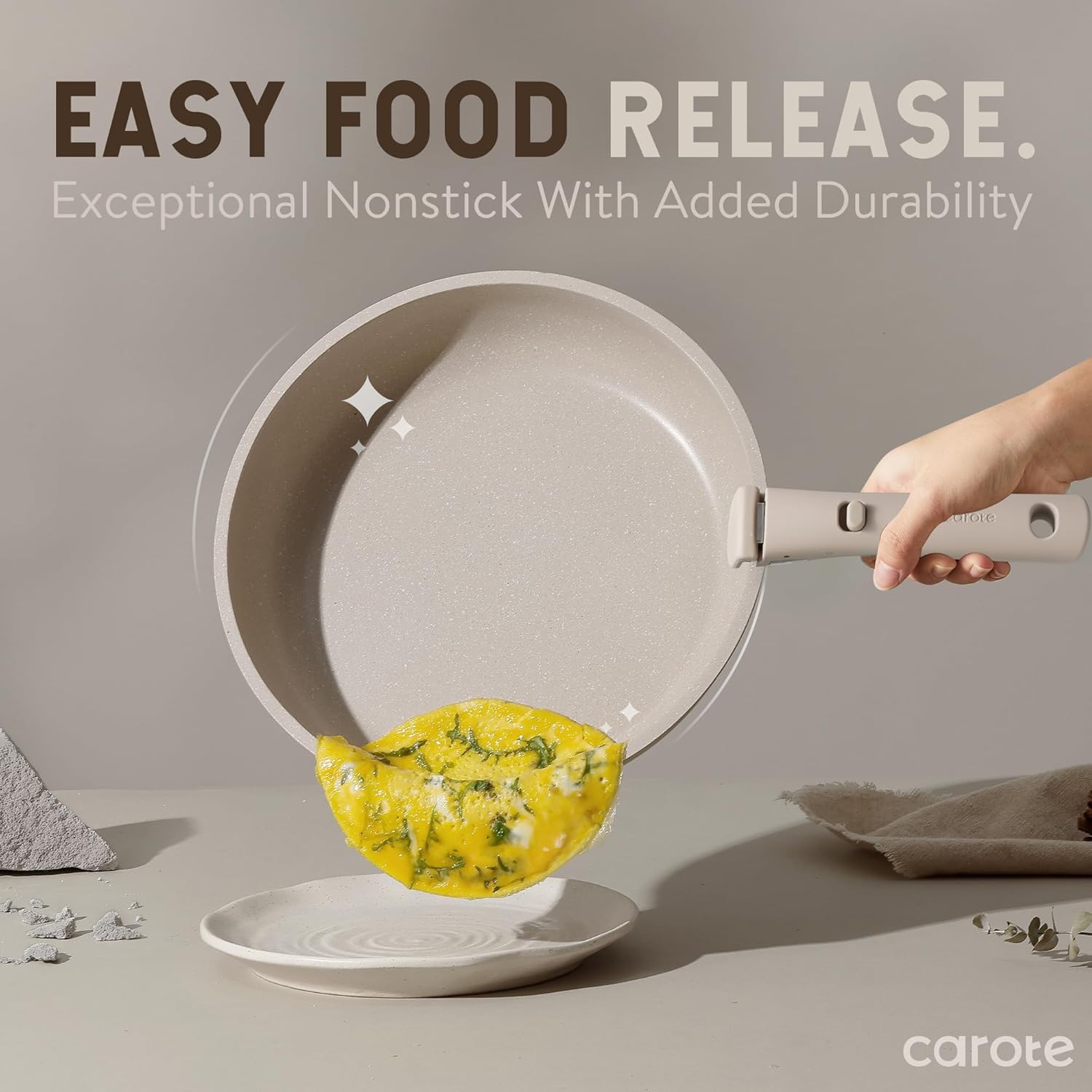 CAROTE 19Pcs Pots and Pans Set Non Stick, Nonstick Cookware Set Detachable Handle, Induction Kitchen Cooking Sets with Removable Handle, RV Kitchen, Oven Safe, Taupe image number 1