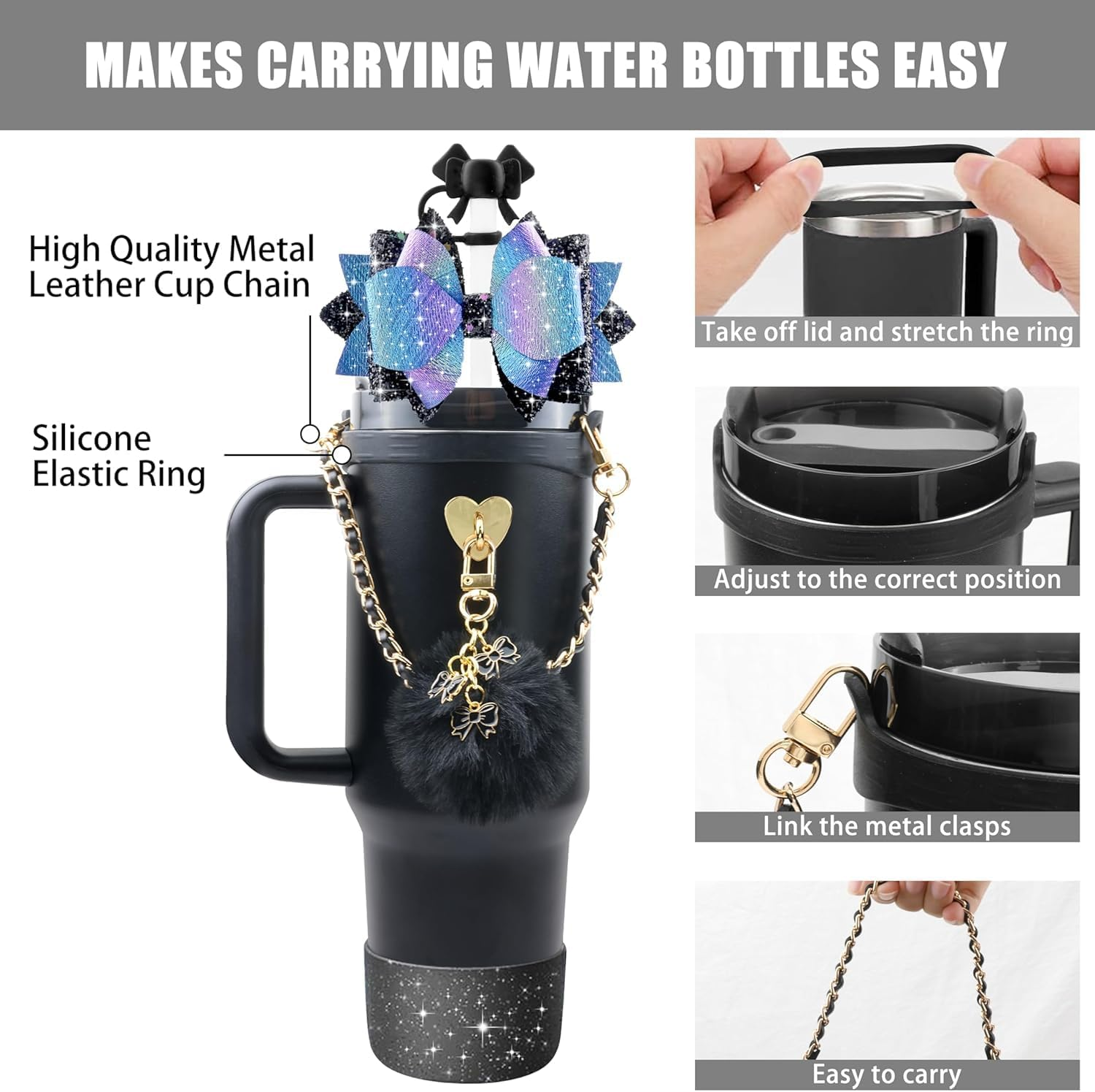 XIANGYUAN Bling Stanley Cup Accessories for 40Oz & 30Oz Tumbler Including Silicone Cute Bow Straw Topper Cover, Silicone Stanley Cup Boot,Leather Water Bottle Handle Strap, Charms - Pink image number 3