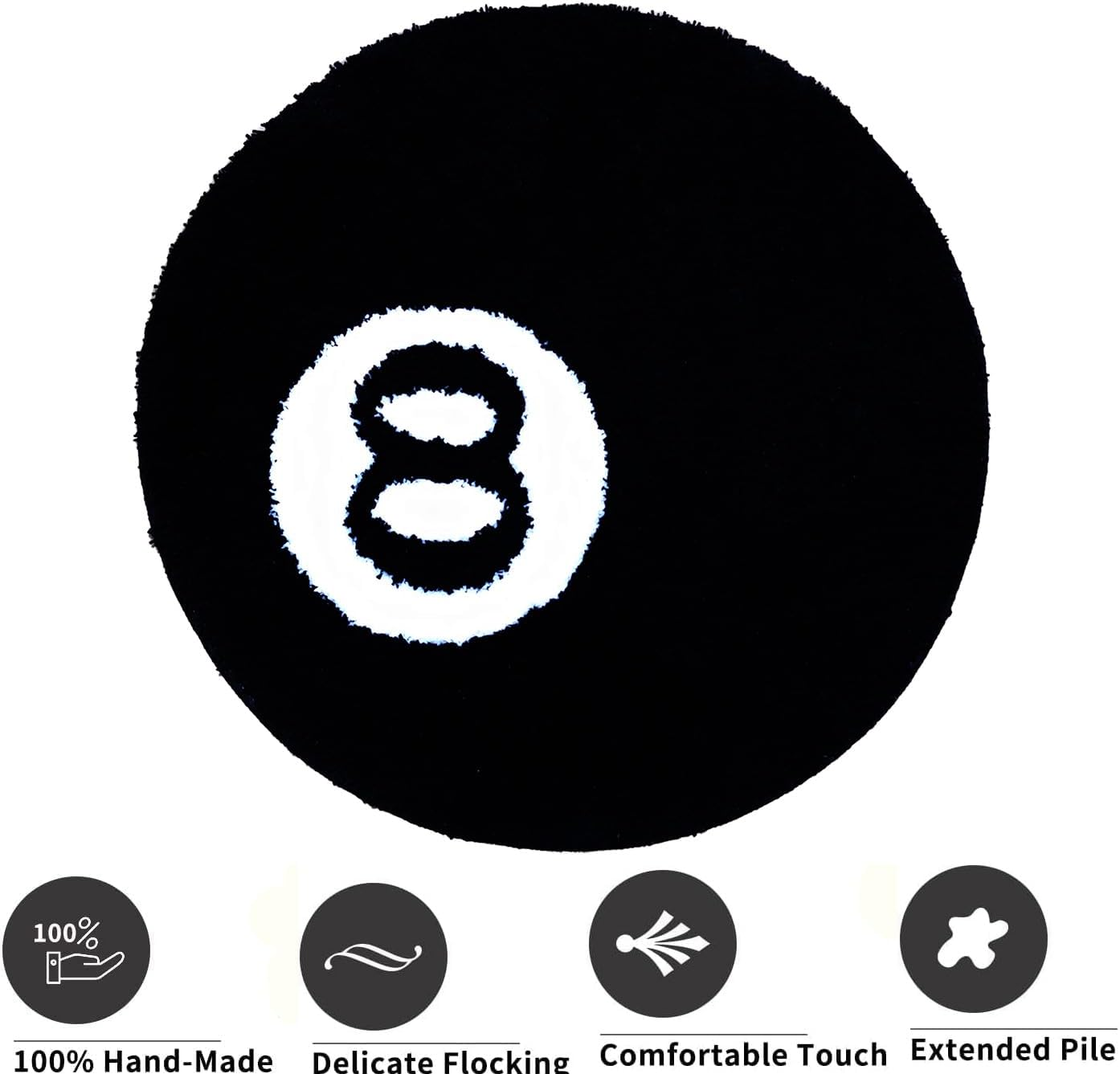8 Ball Rug, 24"/60Cm Black round Rug Billiard Pool, 8 Ball Carpet, Non-Slip Flocking Floor Area Rug, Absorbent Black Circle Rugs, Cool Rugs Doormat for Living Room Decor (60 * 60CM) - 60*60Cm image number 4
