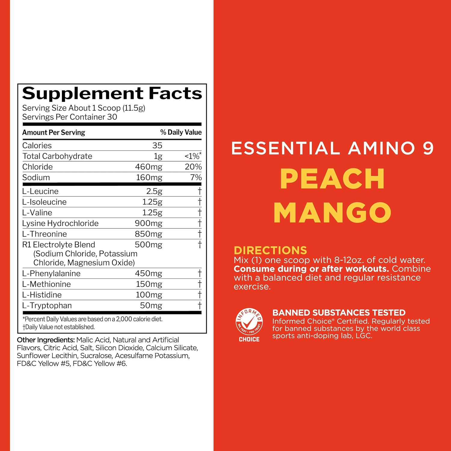 Rule 1 Essential Amino 9 Recovery & Hydration Support Supplement 345 G, Peach Mango (30 Servings) image number 6