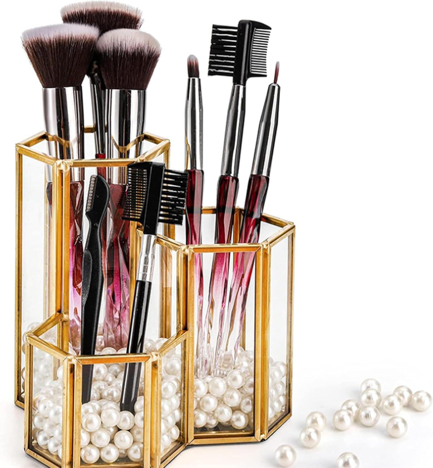 3 Compartment Gold Hexagon Glass Holder - Multipurpose Organizer for Makeup Brushes, Eyeliners & Desk Supplies | Decorative Vanity & Office Accessory image number 1
