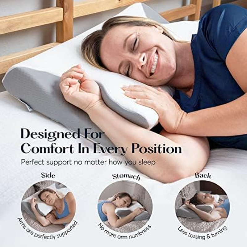 SUTERA - Contour Memory Foam Pillow for Sleeping, Orthopedic Cervical Support for Neck, Shoulder and Back Pain Relief, Ergonomic Pillow for Side, Back and Stomach Sleepers, Washable Cover - White +Bag - White,Grey image number 2