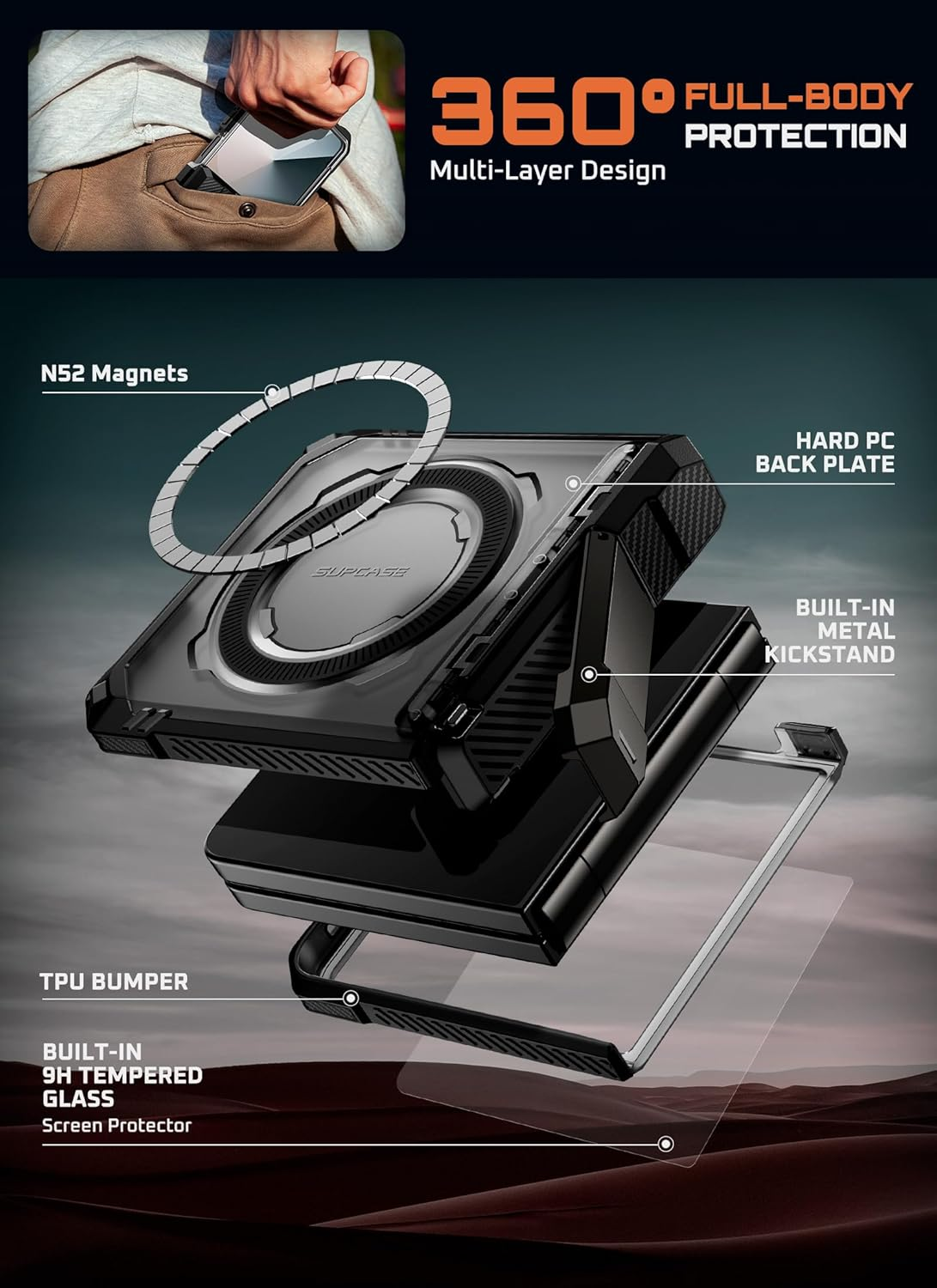 SUPCASE for Samsung Galaxy Z Flip 7 Case with Stand & Front Screen Protector (Unicorn Beetle Grip), [Support Magsafe] [Hinge Protection] Full Body Military-Grade Translucent Back Phone Cover, Black image number 5