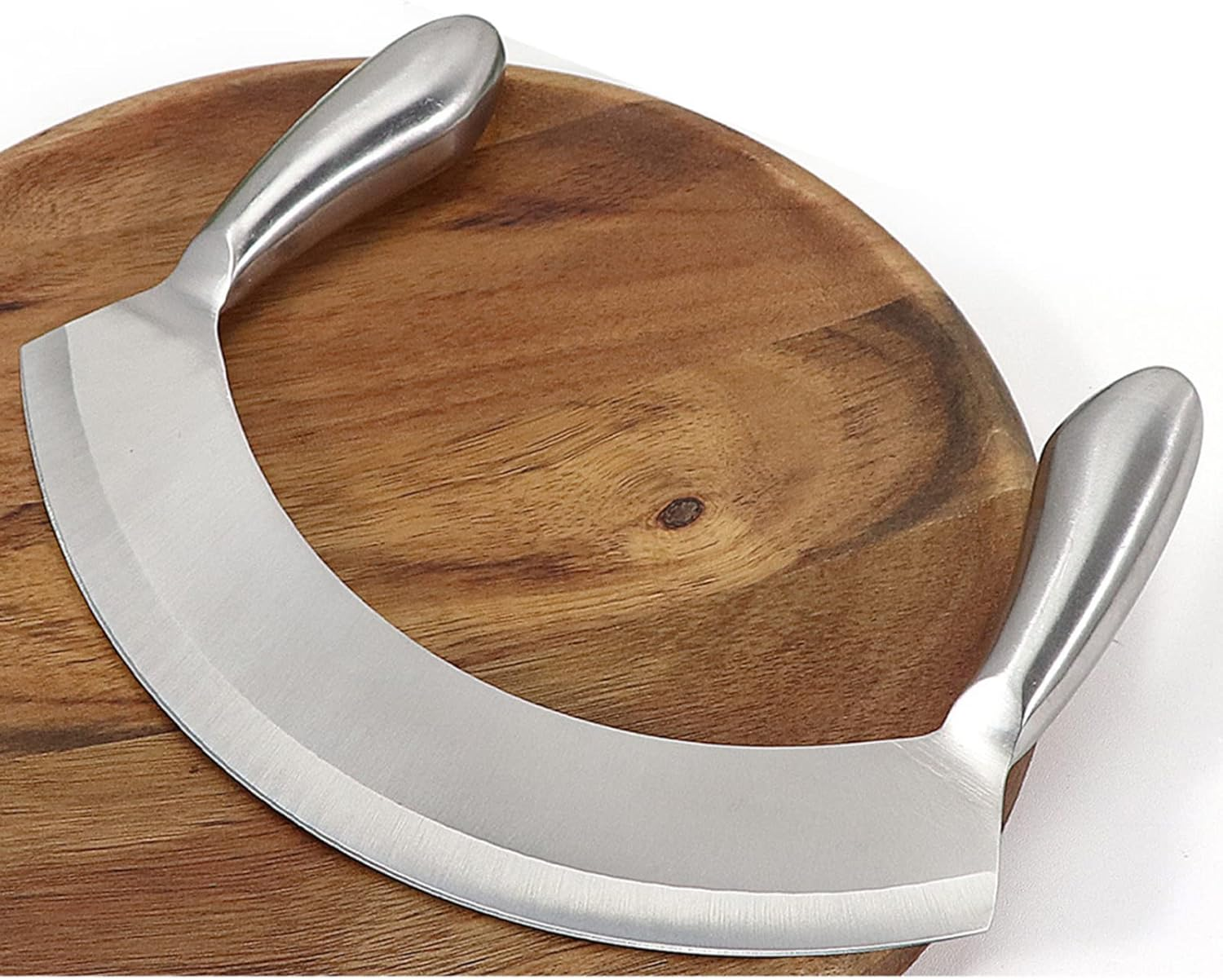 8.7 Inch Mezzaluna Knife with Wood Cutting Board - Stainless Steel Salad Chopper Rocker Pizza Cutter Rocker Knife Curved Blade Sharp Blade Double Handle Fruit Vegetable Mincing Knife image number 4