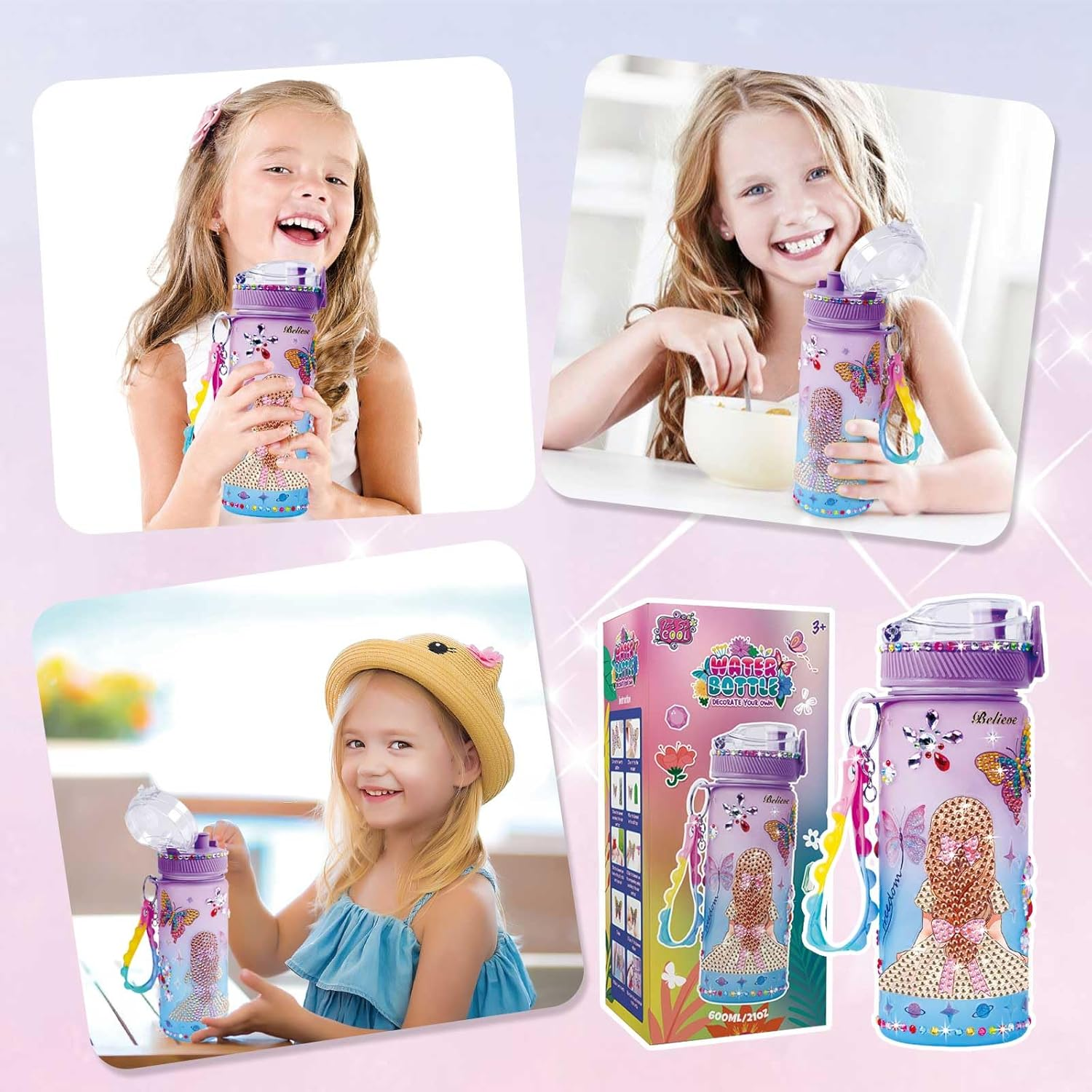 Decorate Your Own Water Bottle Kits for Girls Age 4-13, Butterfly Gem Diamond Painting Crafts, Kids Arts and Crafts Girls Gifts Toys for 3-12 Year Old Girls Birthday Gifts (Butterfly 600Ml)