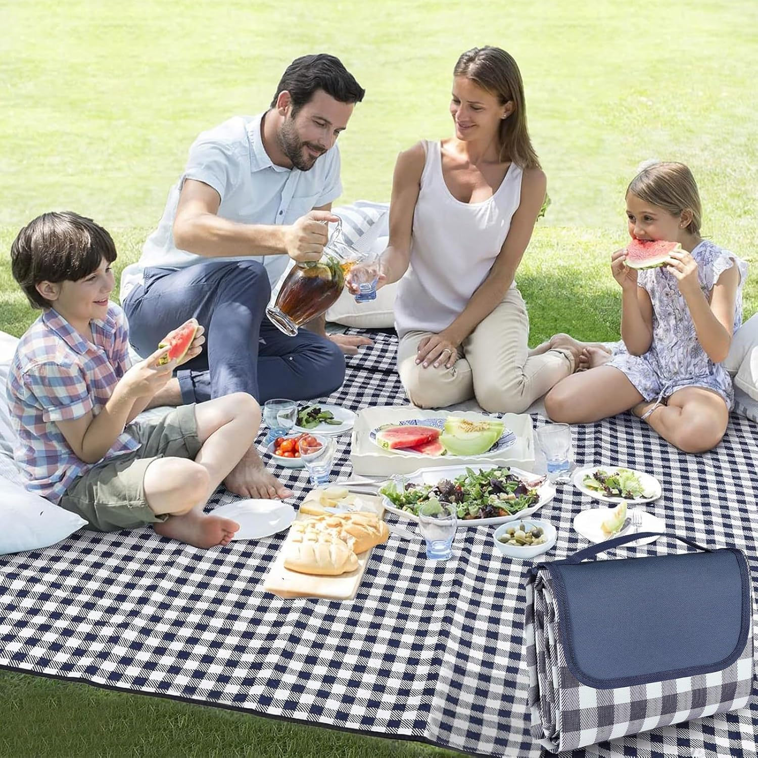 Picnic Blanket, Extra Large 80''X80'' Waterproof Picnic Mat, Outdoor Rug Beach Blanket, Picnic Mat for Beach, Park, Grass, Travel, Hiking, Camping Essentials, Gingham Picnic Rug (Tibetan Blue Grid) image number 6