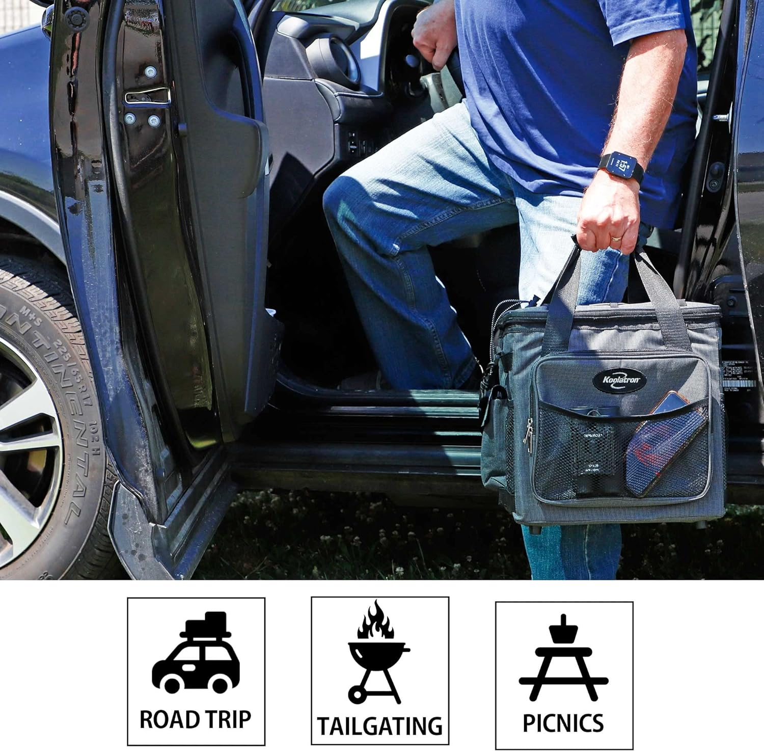 Koolatron 12V Electric Cool Bag, 25L, Thermoelectric Soft Cooler Bag, 12 Volt DC Connection, Foldable Storage, Plug in Iceless Portable Picnic Bag, for Work Travel Vehicle Car, Truck, Gray/Black