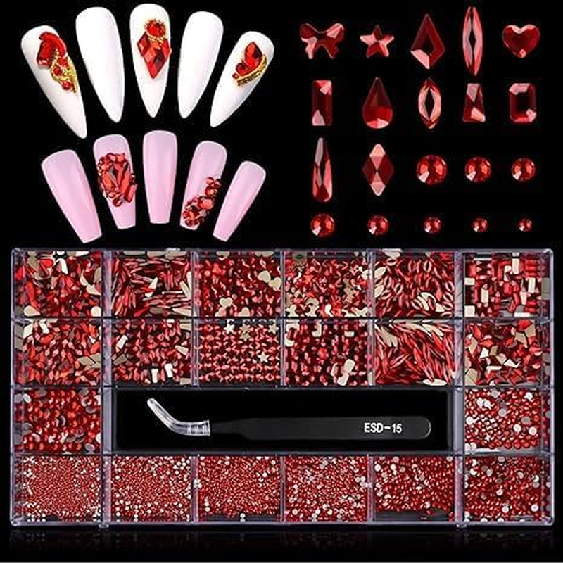 3100Pcs Red Rhinestones for Nails EBANKU Nail Art Rhinestones Kit Red Nail Crystal Rhinestones Mixed Shape with Rhinestone Picker Dotting Pen Tweezers for Christmas DIY Nail Art Craft