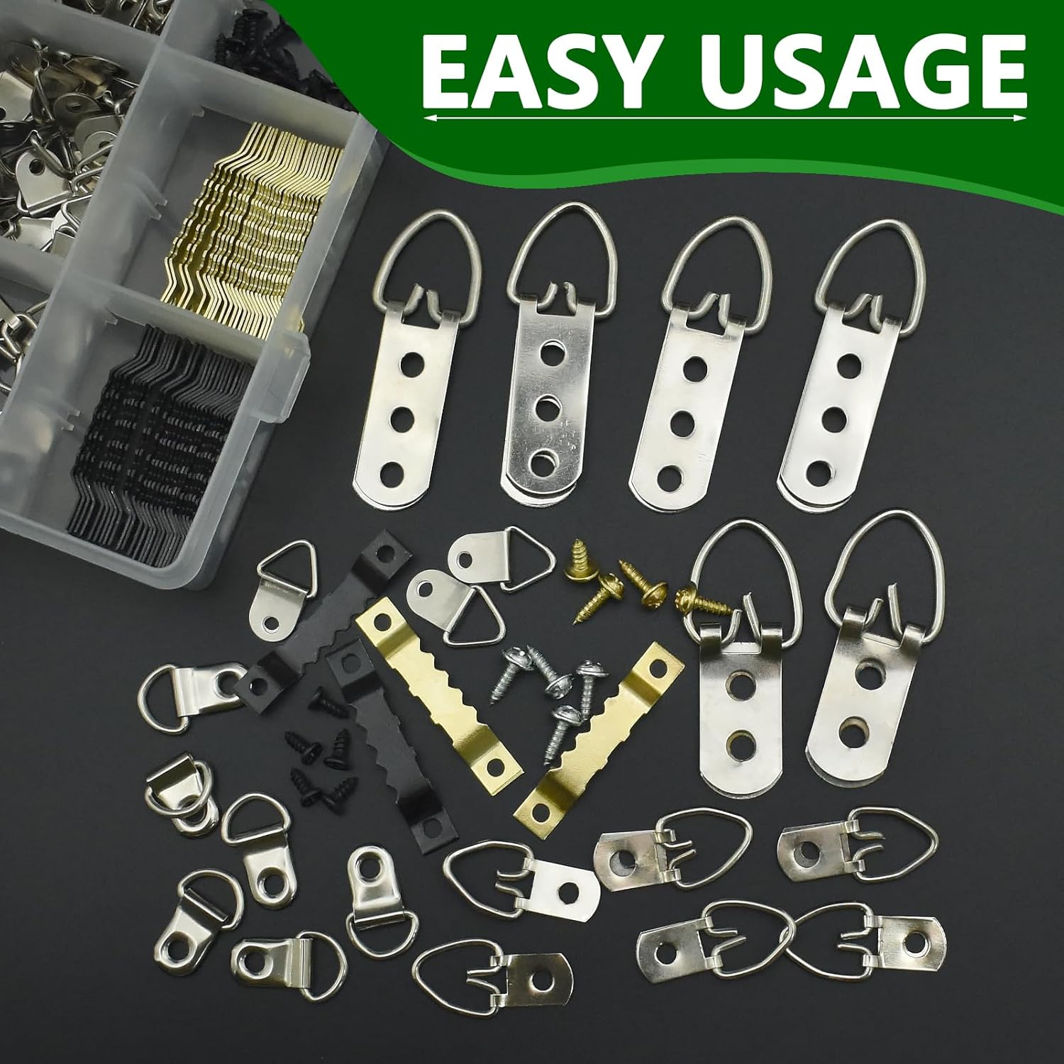 SHRJ 415Pcs Picture Hangers Kit, 7 Sizes D Ring Hangers Sawtooth Hangers Assorted Kit with Screws Boxed Metal Accessories for Wall Mounting Heavy Picture Canvas Paintings Photos Frame Board Clock image number 6