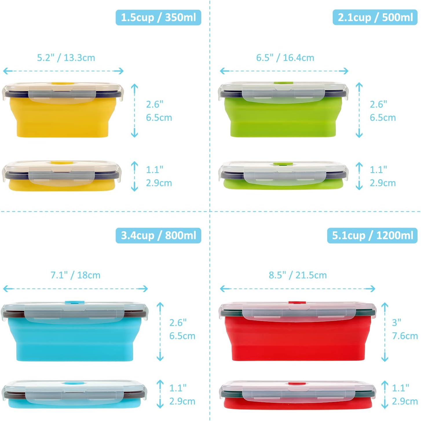 Collapsible Food Storage Containers with Airtight Lid, 4 Sizes, Annaklin Small and Large Stacking Silicone Collapsible Meal Prep Container Set for Leftover, Microwave Freezer Dishwasher Safe, Set of 4 image number 1