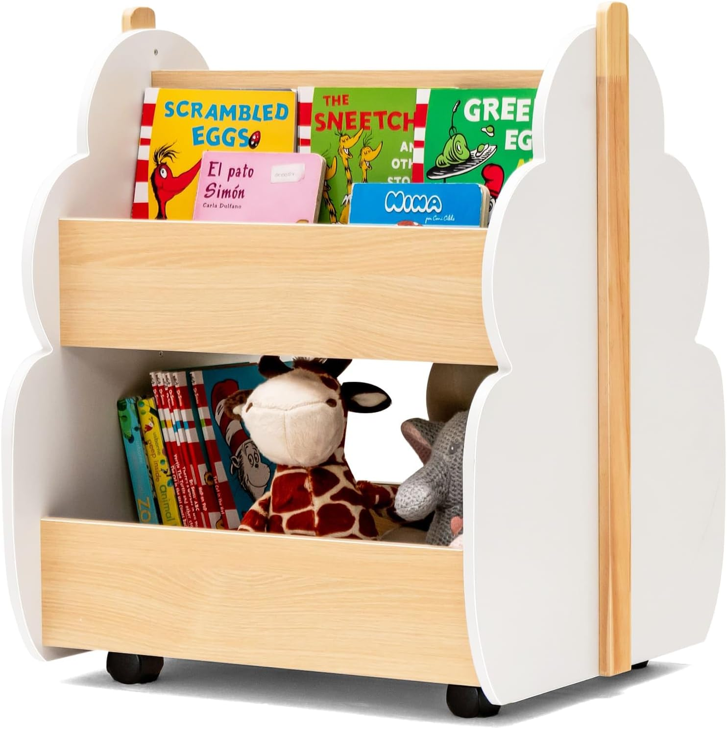 HONEY JOY Kids Wooden Bookshelf, Toddler Double-Sided Bookcase Toy Storage W/Universal Wheels, 2-Tier Children Storage Shelf Book Rack for Kids Room, Playing Room, Classroom, Kindergarten, White