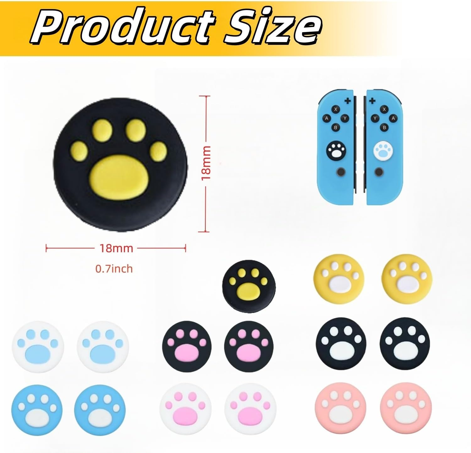 16Pcs Replacement Switch Thumb Grip Caps, Cute Cat Claw Joystick Covers, Soft Silicone Joycon Thumb Grip Covers Compatible with Nintendo Switch & Lite (8 Colors) - Switch Accessories image number 1