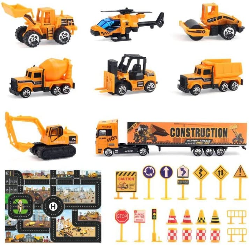 Jenilily Construction Vehicle Toy Car Set Play Mat, Long Truck, Forklift, Bulldozer, Excavator, Mixer, Dump Truck, Alloy Car Toys for 3 4 5 6 Years Old Toddlers Kids Boys image number 5