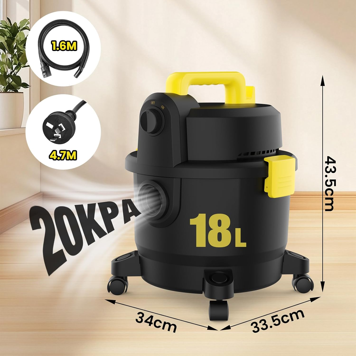 ADVWIN Wet/Dry Vacuum Cleaner, 18L 1000W with High-Energy Filter System Waterproof Body for Workshops, Car Washes, Homes, Yards, Garden image number 5