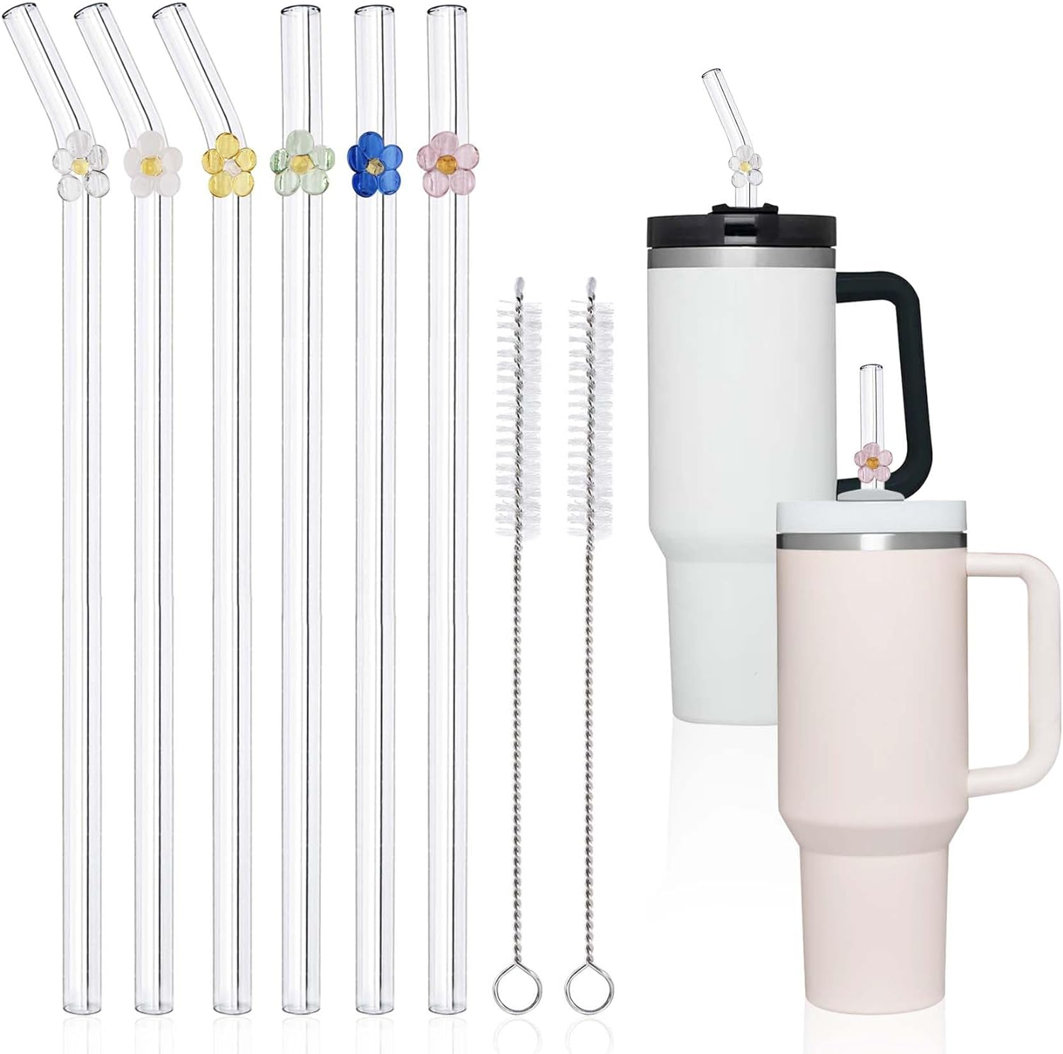 6 Pack Replacement Glass Straws for Stanley 40 Oz 30 Oz Tumbler, Cute Flower Glass Straws with Charms, Stanley Straw with Cleaning Brush Stanleys Cup Accessories