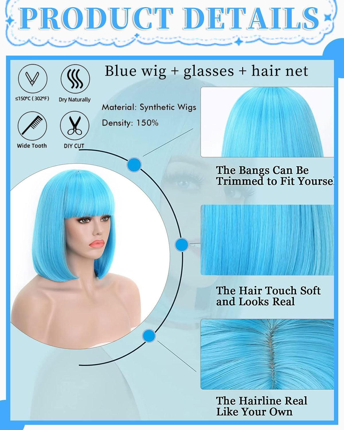 MOPZIJA 3 Pieces Bob Wig, Pulp Fiction Costume, Wig Short Hat Straight Heat Resistant Hair with Beveled Fringe Daily Wigs for Cosplay Costume + Glasses + Hair Net, Christmas Role Play Set image number 2