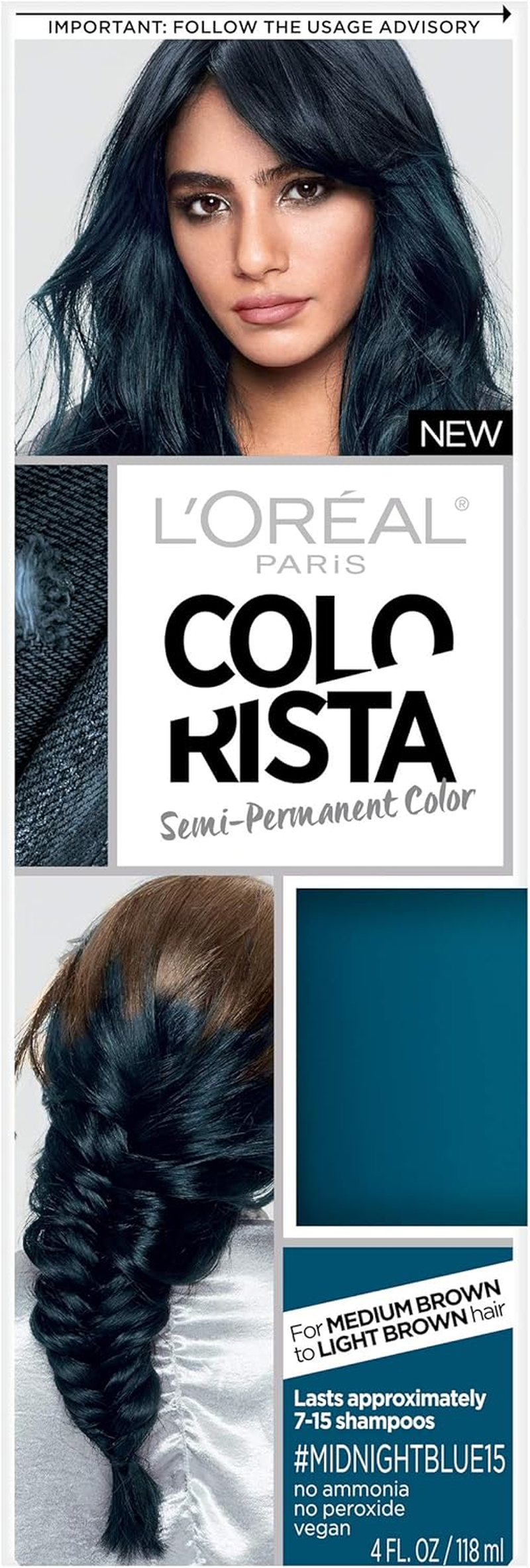 L&rsquo;Or&eacute;al Paris Colorista Semi-Permanent Hair Color for Brunette Hair, Midnight Blue