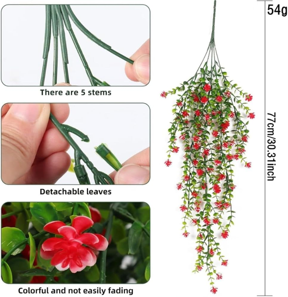 AU7042-3 2 Artificial Hanging Flowers Eucalyptus UV Protection Fake Plants Vine Hanging Flowers Plastic Green Home Garden Wedding Party Indoor and Outdoor Decoration Red (Excluding Plates) image number 1