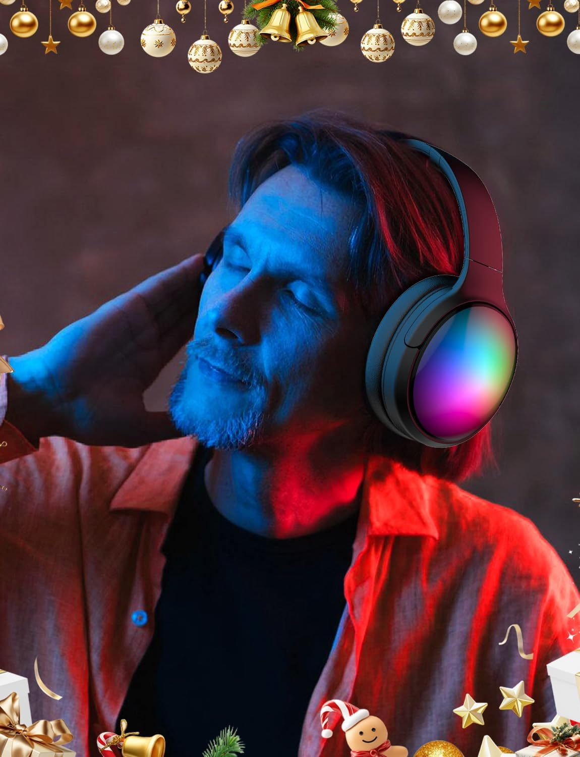 ONITOON Bluetooth Headphone with Cool RGB Light, Foldable Lightweight Wireless over Ear Headphone, 90&deg; Rotatable Earcups, Hifi Stereo with Deep Bass Audio for Travel, Ipad Cellphone Laptop PC image number 4