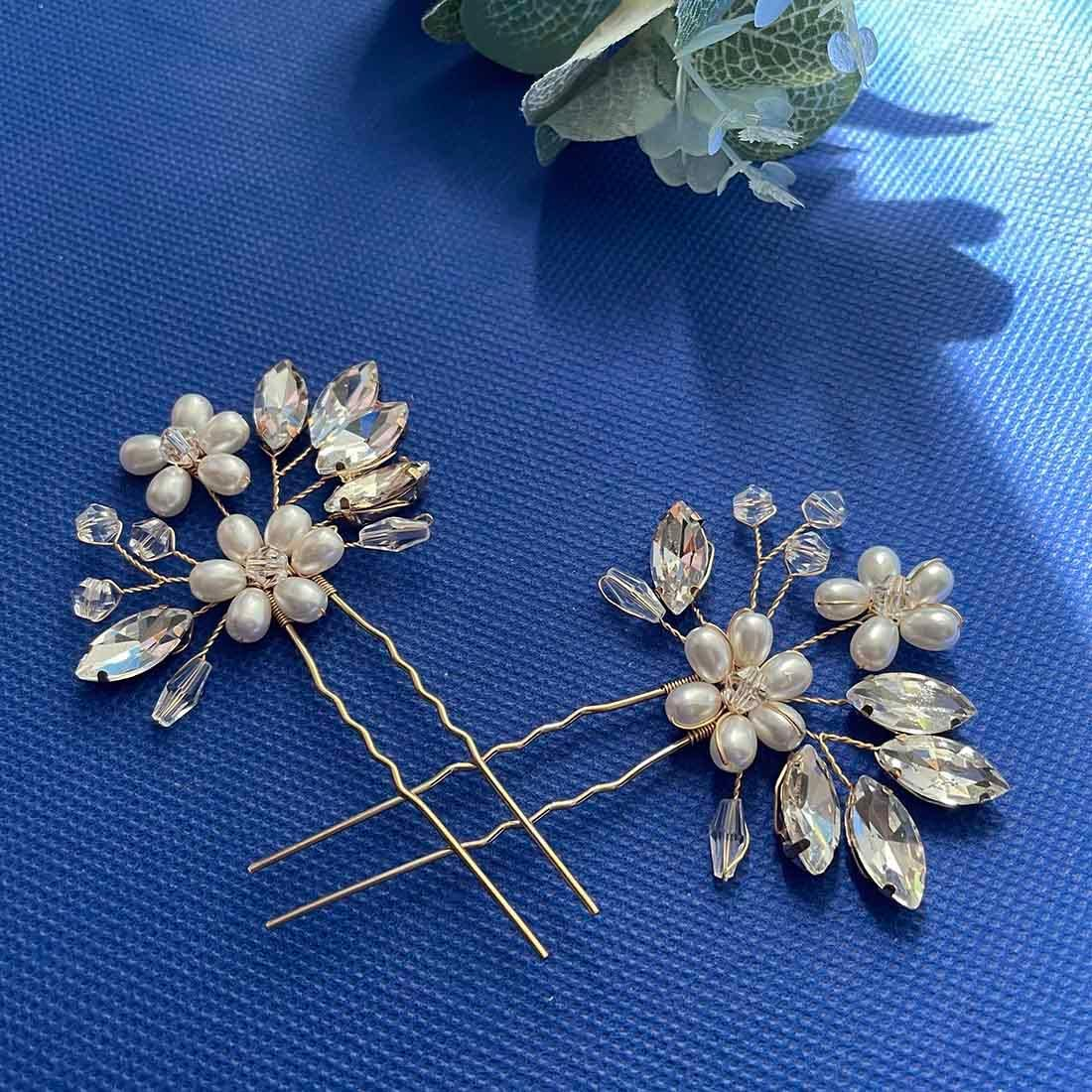 SINLOV Hair Pins for Bridal Flower Wedding Crystal Hair Accessories Headpiece Bridesmaid Pearl Hair Accessories for Women (Gold) image number 3